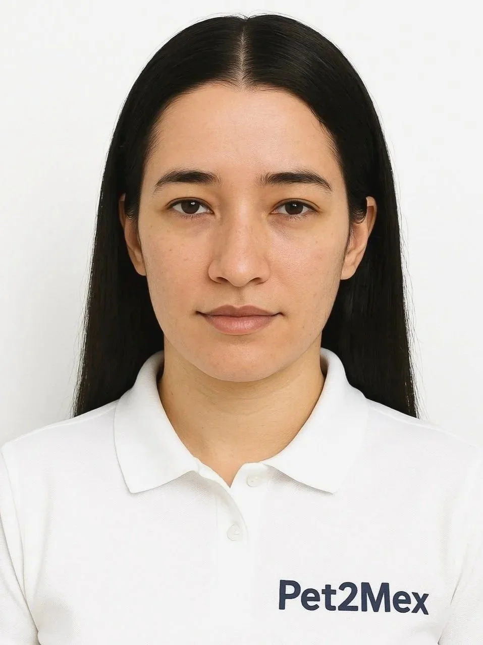 A woman with long dark hair wearing a white polo shirt with the words Pet2Mex written on it, standing against a plain white background.
