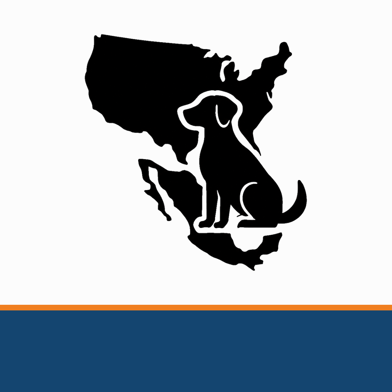 Outline of the United States map with a cartoon-style dog overlaid, set against an orange background.