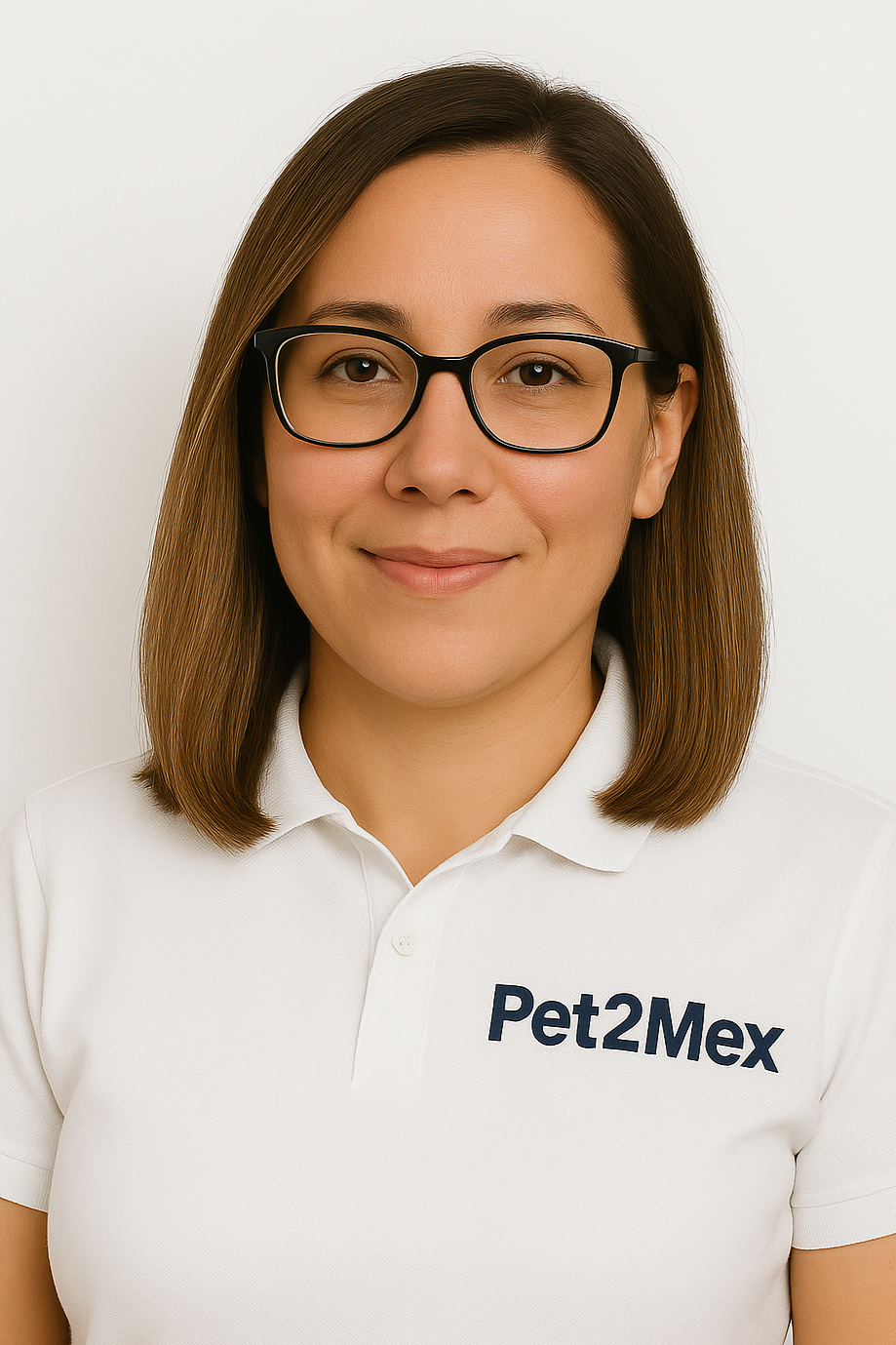 A woman with straight brown hair wearing glasses and a white polo shirt with 'Pet2Mex' logo, smiling softly against a plain white background.