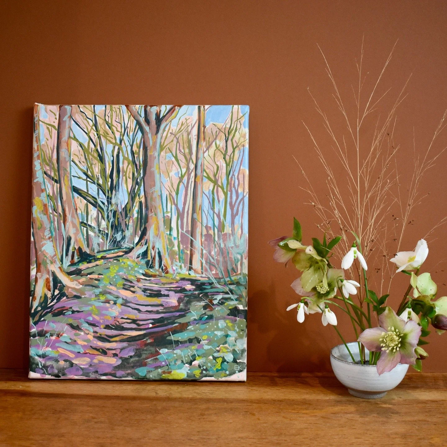 A Quiet Walk (Box Hill Common). For sale via emakidson.com

A walk in the woods on the cusp of Spring, while the snow drops slowly unfurl. The beech trees tower overhead, their branches entwining to provide a place in which to shelter and await new b