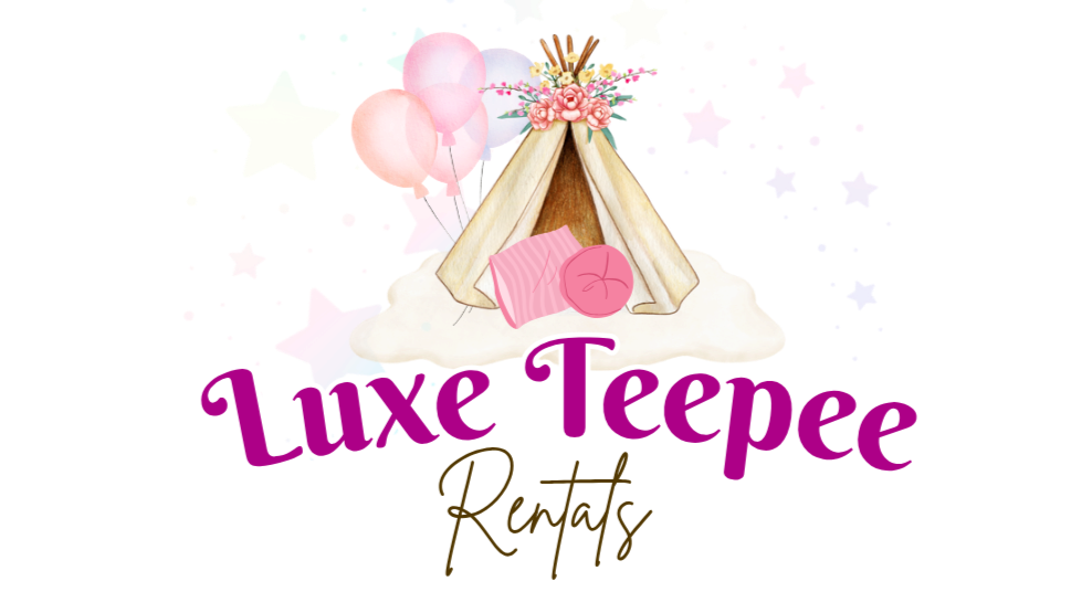 Logo for Luxe Teepee Rentals featuring a teepee decorated with pink flowers and balloons, surrounded by colorful stars and clouds, with the business name in purple and gold text.