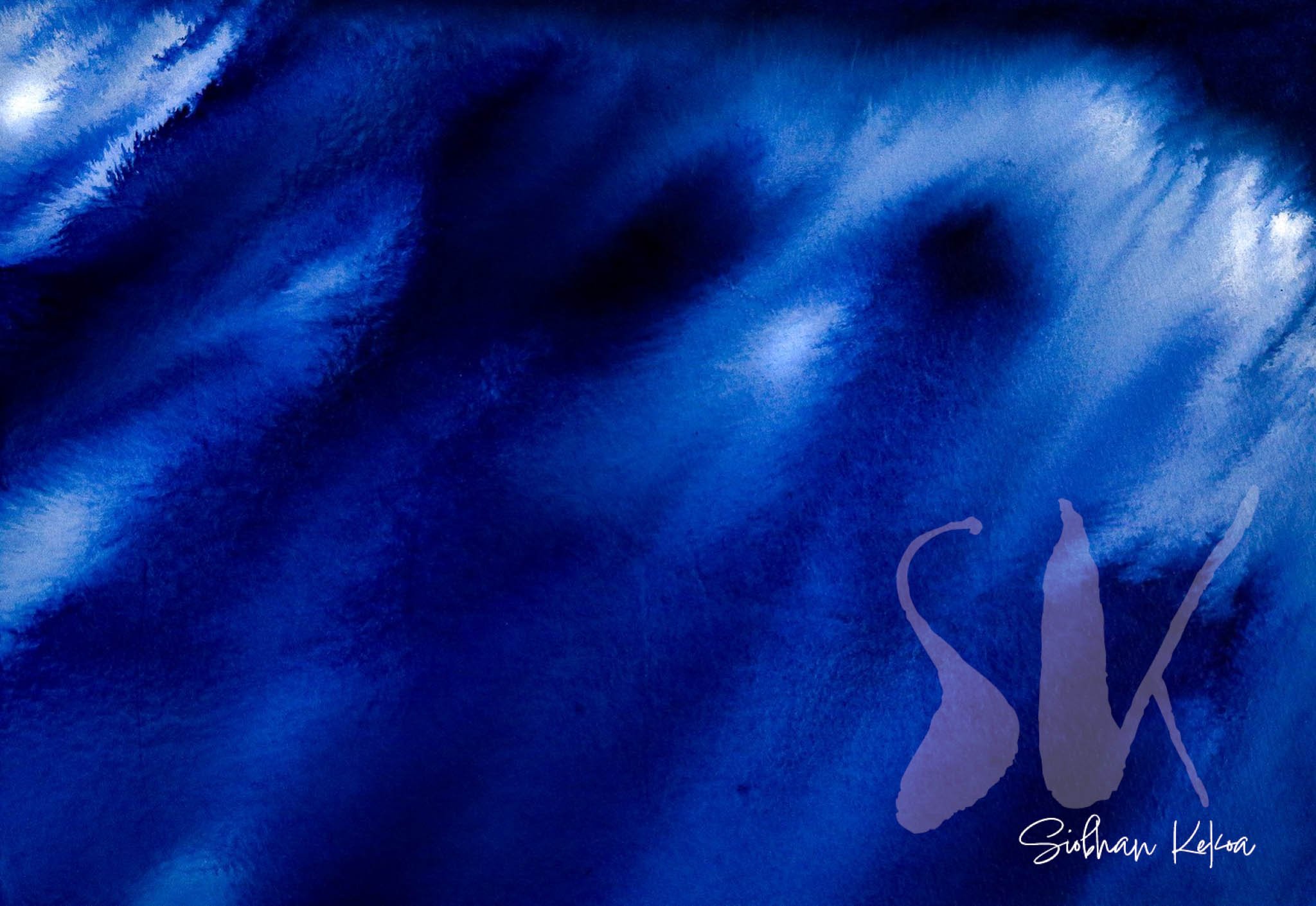 Abstract Storm Watercolor painting by artist Siobhan Kekoa. Painting depicts abstract rainfall at night with black, very dark and slighter lighter blue, and white marking. © 2018-2025 Ipseity Healing LLC