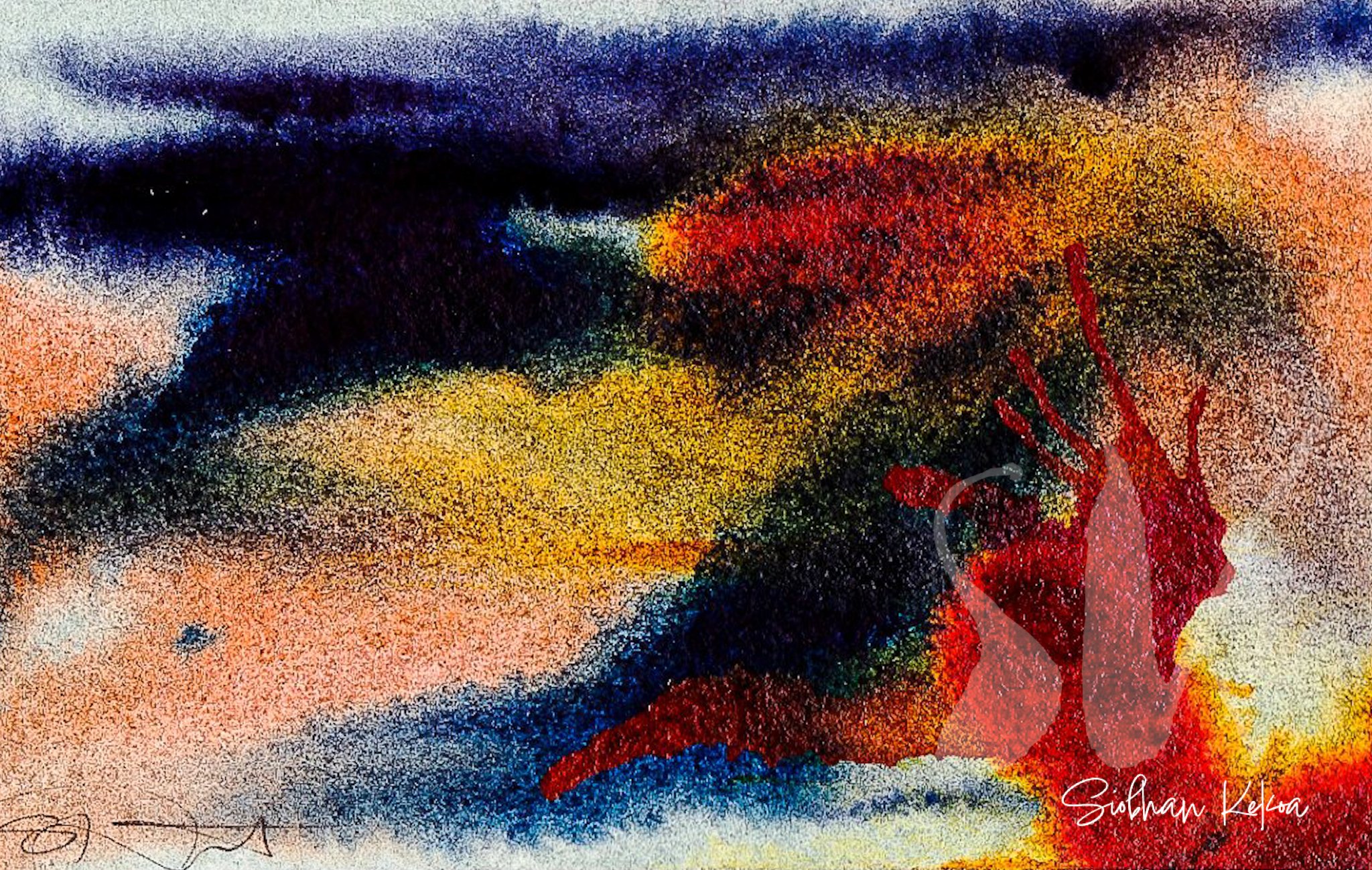 Original Abstract Watercolor and liquid Acrylic Painting by artist Siobhan Kekoa. Painting depicts abstract Medicine Man journey against landscape through paint strokes & watery mixtures of tan, peach, orange, rust, dark red colors, dark blue, blue-p