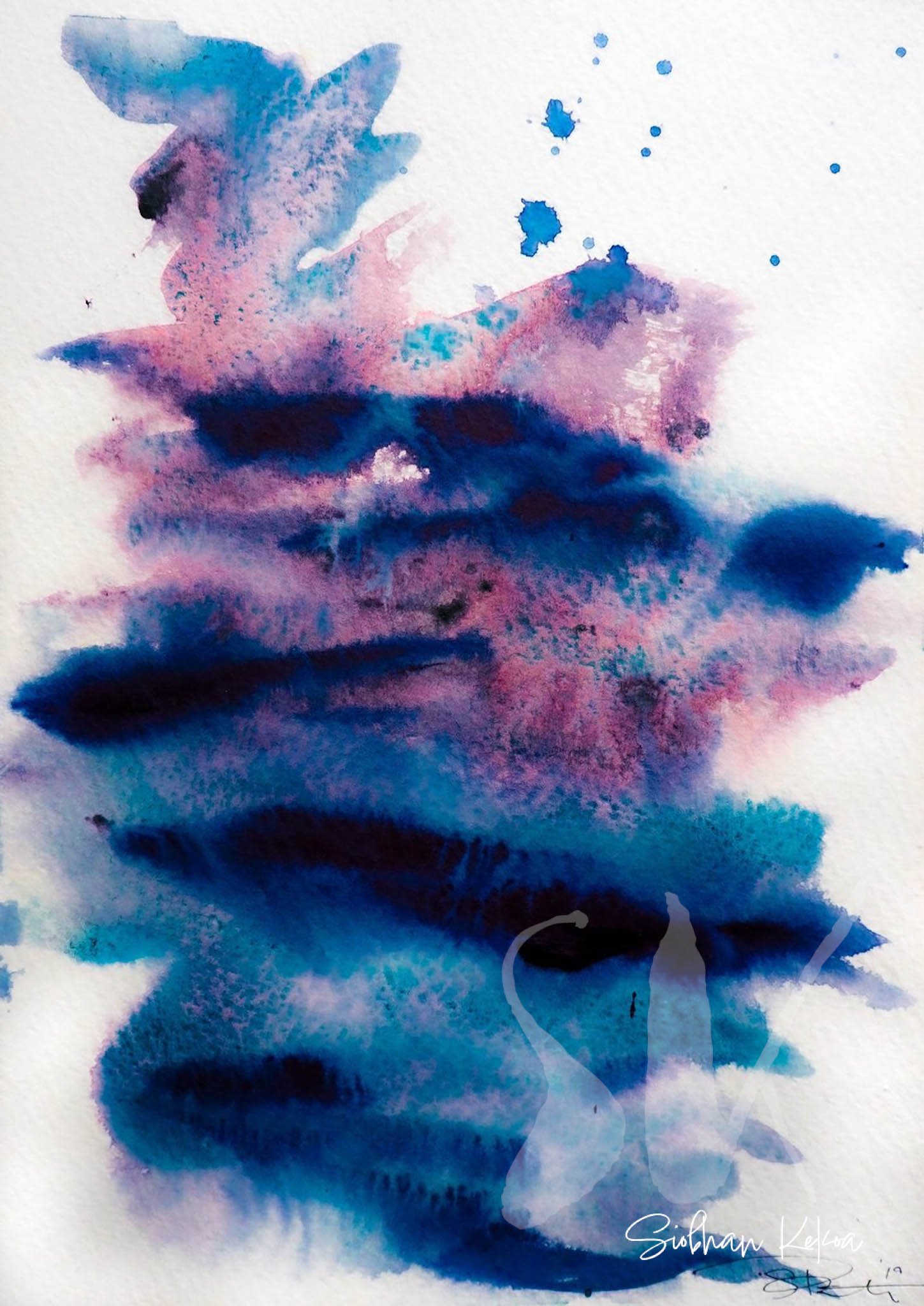 Abstract Watercolor paintingg by artist Siobhan Kekoa. Painting depicts abstract watery brushstrokes of very dark and slighter lighter blue, teal, maroon and rose colors with white space dispersed around the outside. Primary central colors are dark b