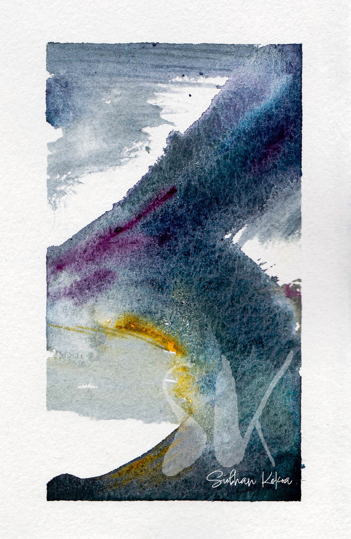 Abstract Watercolor Painting by artist Siobhan Kekoa. Image shows paint strokes in the shape of the number 3, with hues of greyish blue, green, purple, and gold highlights against some white space. Primary central color is grey-blue. © 2018-2025 Ipse