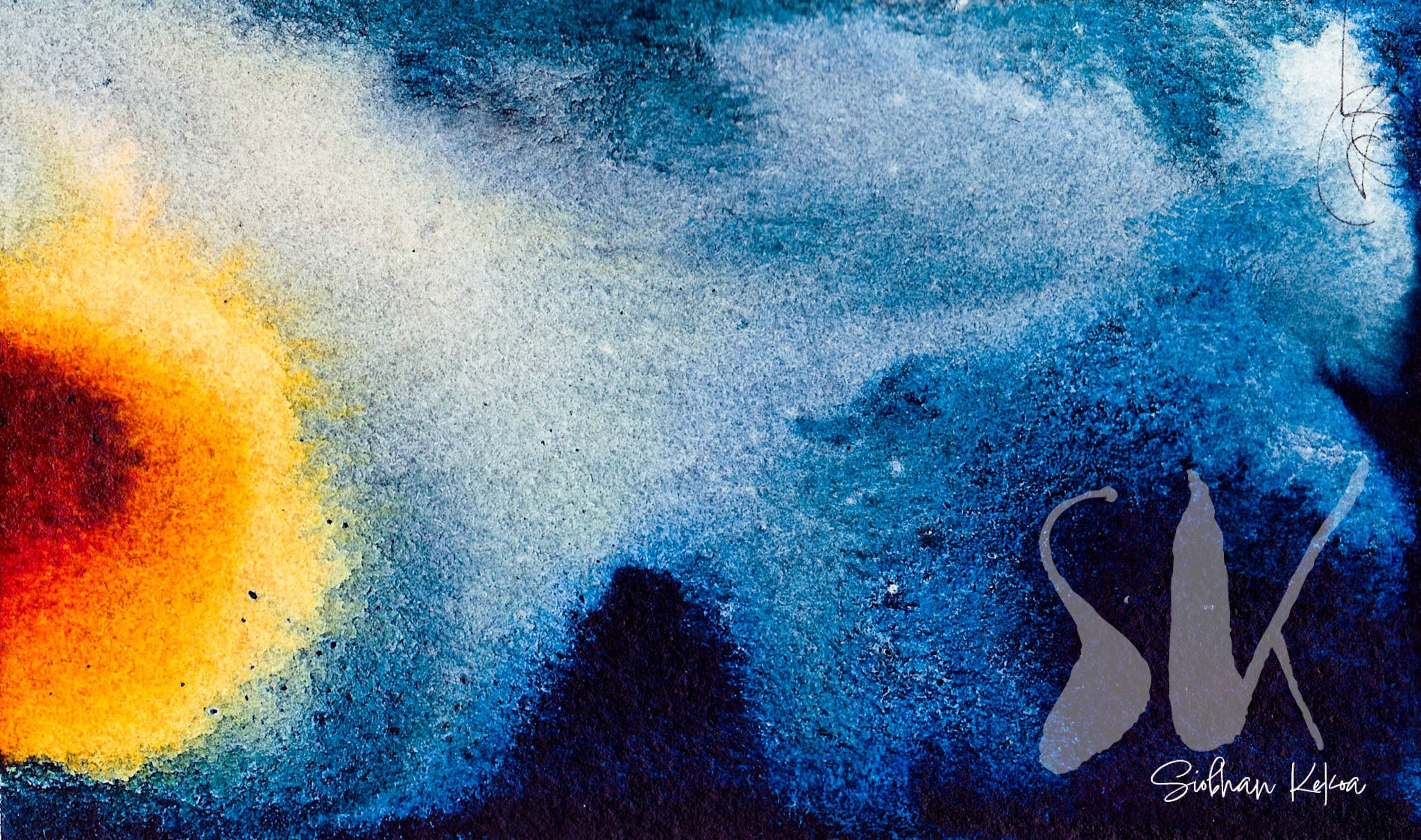 Original Abstract Watercolor and liquid Acrylic Painting by artist Siobhan Kekoa. Painting depicts abstract sun and blue mountains journey against blue and white sky through watery mixtures of yellow, orange, rust, dark red, dark and light blue colo