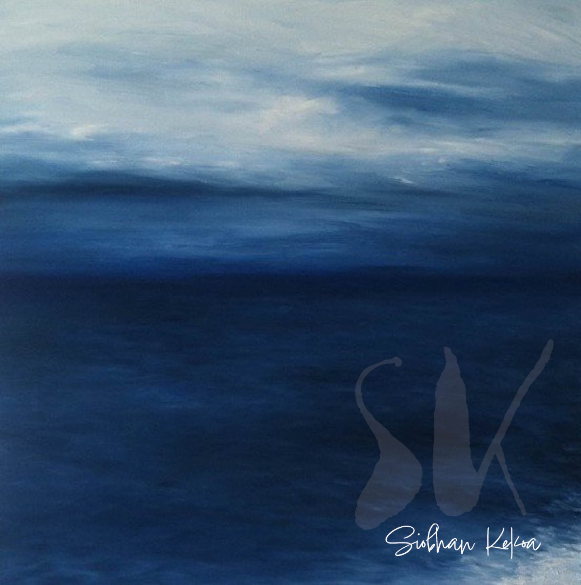 Original Painting by Afro-Indigenous artist Siobhan Kekoa. Painting depicts light-to-dark blue storm clouds over dark blue textured ocean. © 2020-2025 Ipseity Healing LLC