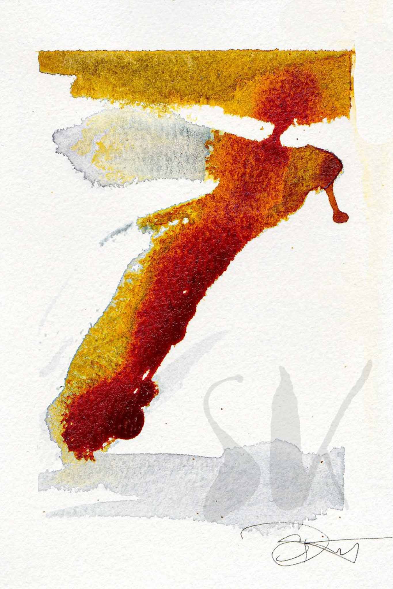 Original Abstract Watercolor Painting by artist Siobhan Kekoa, depicts abstract paint strokes & watery mixtures of tan, orange, rust, dark red colors, grey and some white space. Primary central color is rust red and central image is similar to the nu
