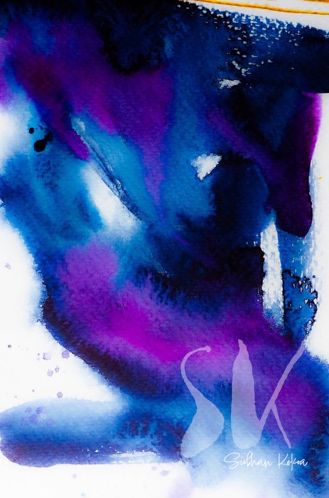 Original Abstract Watercolor and liquid Acrylic Painting by artist Siobhan Kekoa. Painting depicts abstract brush strokes and watery mixtures of maroon, dark and light blue, and gold colors with some white space intermingled. Primary central colors a