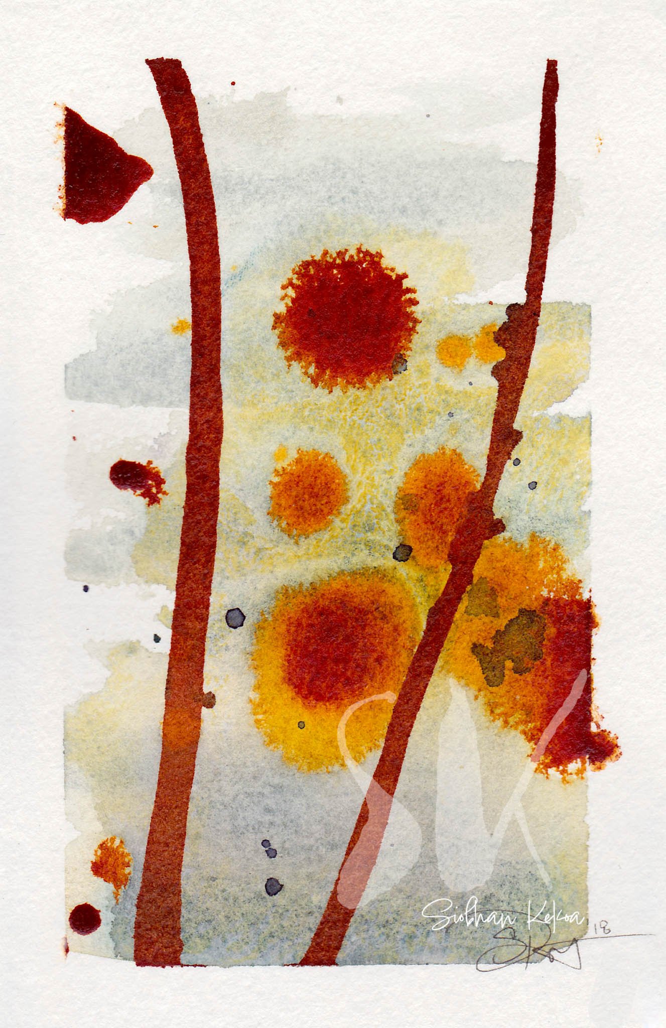 Original Abstract Watercolor Painting by artist Siobhan Kekoa, depicts abstract paint strokes & watery mixtures of tan, orange, rust, dark red colors, grey and some white space. Primary central color is rust red. © 2018-2025 Ipseity Healing LLC