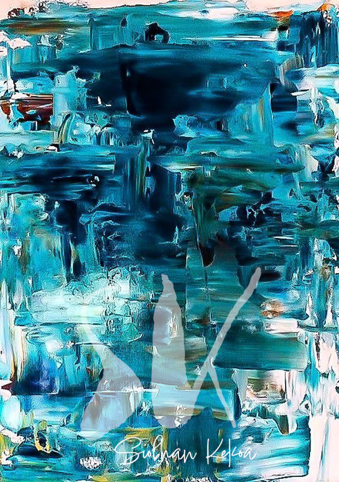 Abstract palette knife painting with shades of blue and teal markings, highlighted with occasional tan, rust, gold, & white. Primary colors are blue and palette knife markings are small. Original painting by Afro-Native artist Siobhan Kekoa, 2017, Si
