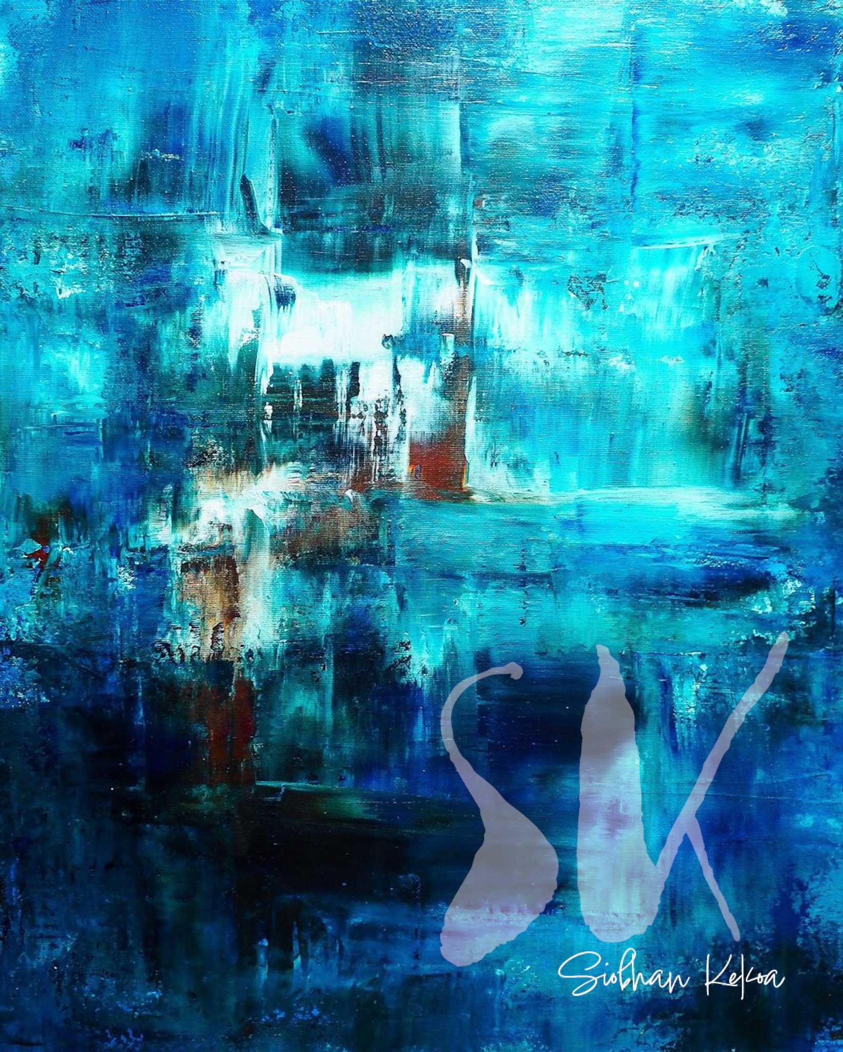 Abstract palette knife painting with dark and light blue, teal, rust, white, & black paint. Primary color is blue. Original Painting by Afro-Native artist Siobhan Kekoa, Si'ahl (Seattle) WA. © 2018-2025 Ipseity Healing LLC