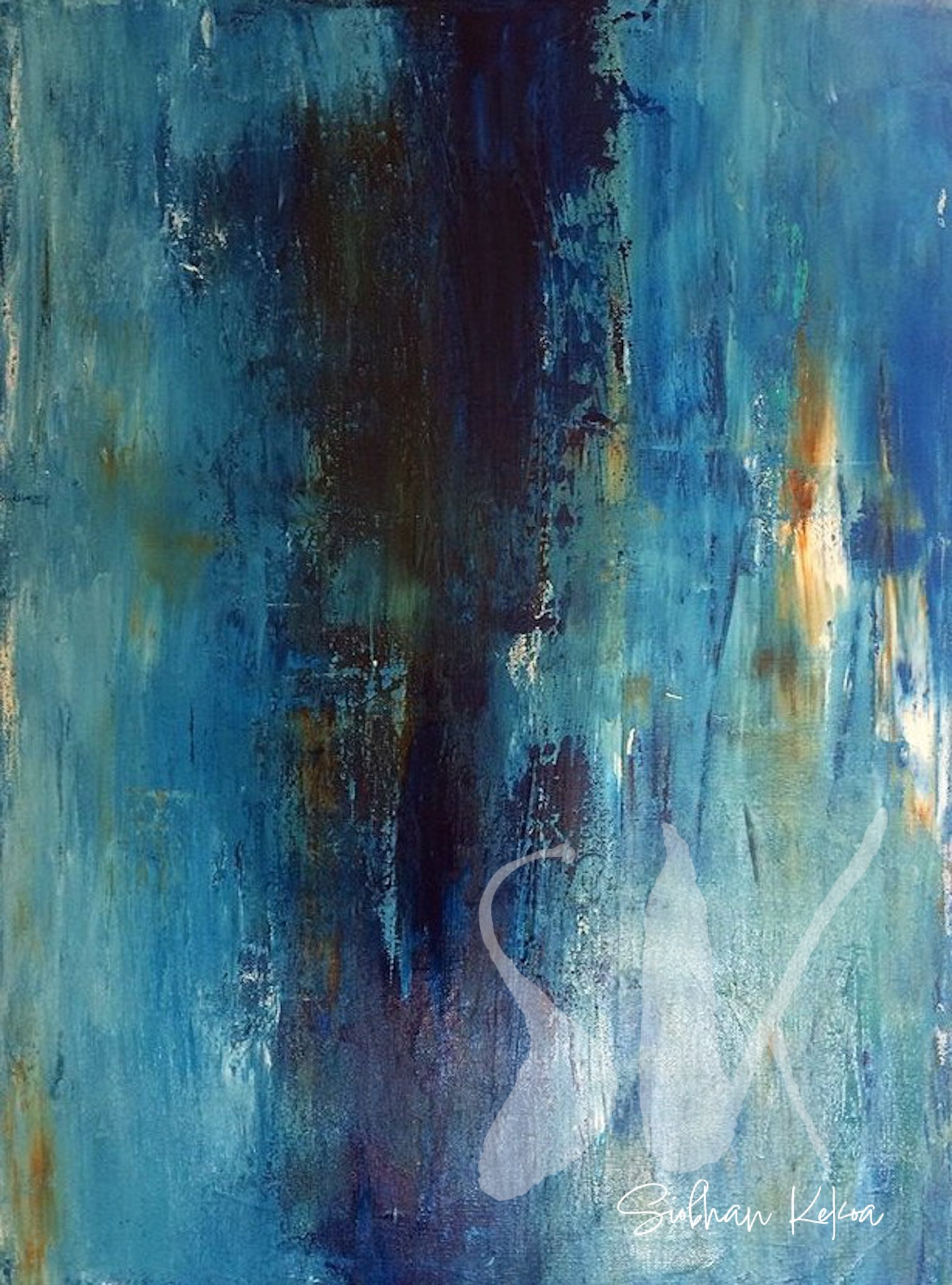 Abstract palette knife painting with thick dark blue horizontal markings in the center, surrounded by light blue, teal, tan, & a flashes of white. Primary colors are blue. Original painting by Afro-Native artist Siobhan Kekoa, 2017, Si'ahl (Seattle)