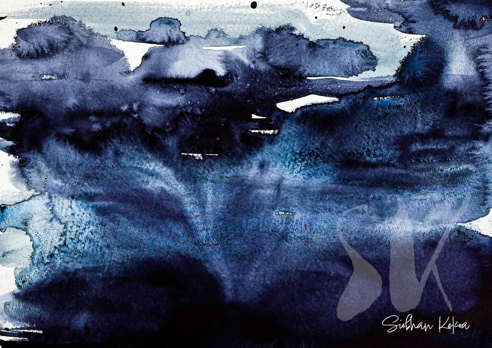 Original Abstract Watercolor Painting by artist Siobhan Kekoa, depicts abstract sky in a watery down pour. Colors are shades of dark to light blue, with sparse white space. © 2025 Ipseity Healing LLC