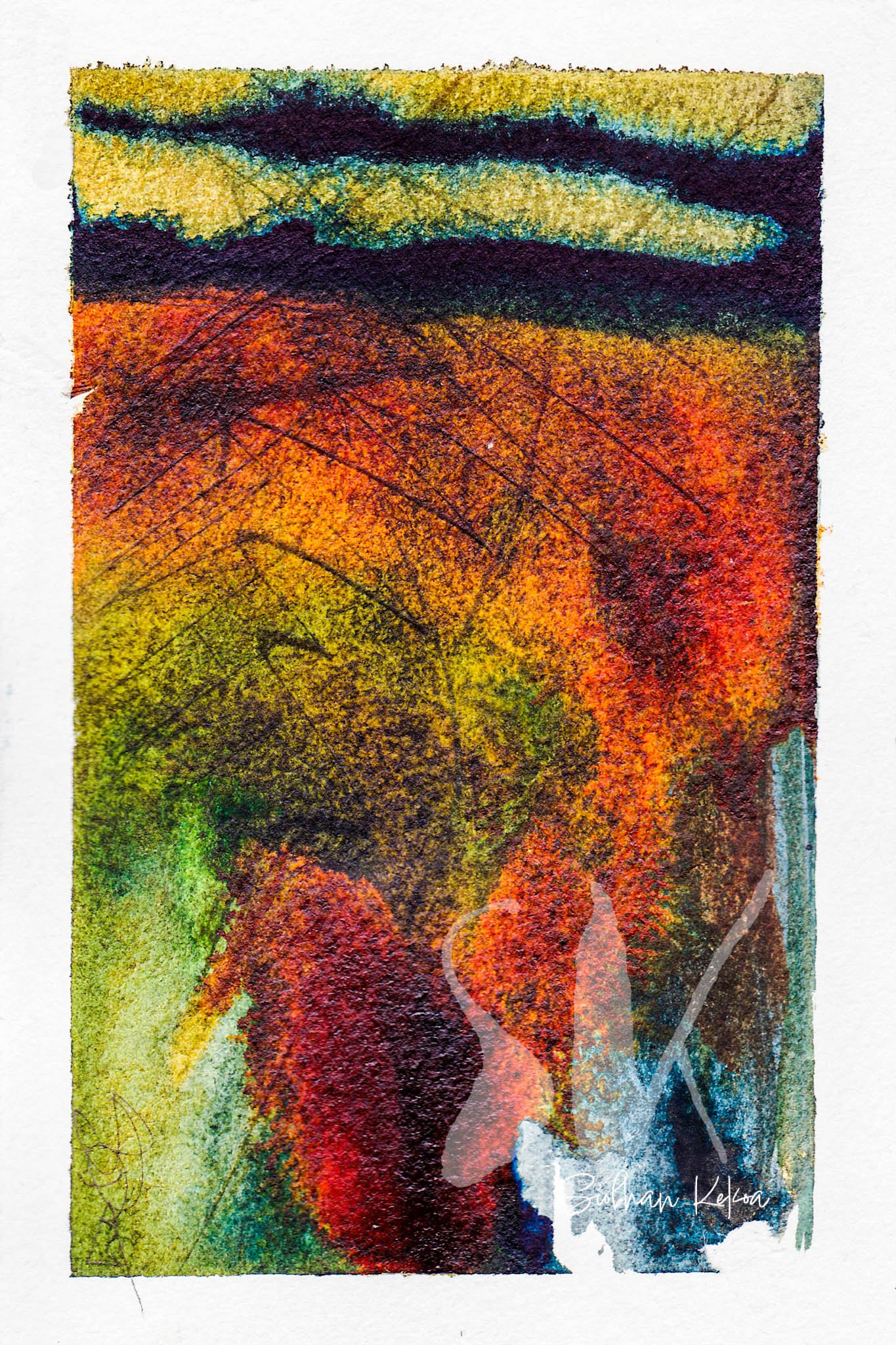 Abstract painting with rust, dark blue, teal, green, and yellow coloring. Original Watercolor Painting by Afro-Native Wabanaki descent artist Siobhan Kekoa, Si'ahl (Seattle) WA. © 2018-2025 Ipseity Healing LLC