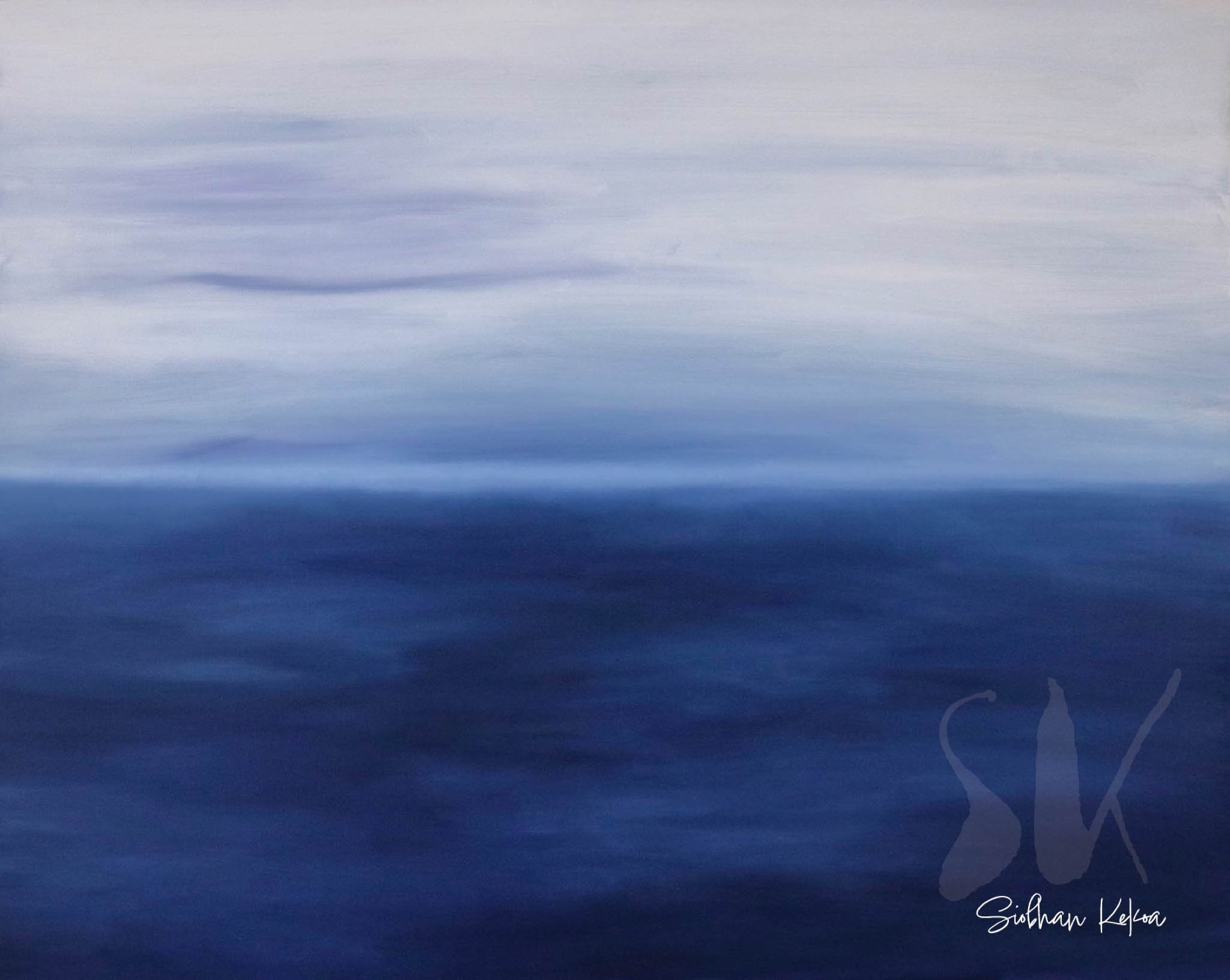 Original Oil Painting by Afro-Indigenous artist Siobhan Kekoa, WA. Painting depicts smooth white and blue clouds above calm light to slightly dark blue ocean water. © 2019-2025 Ipseity Healing LLC