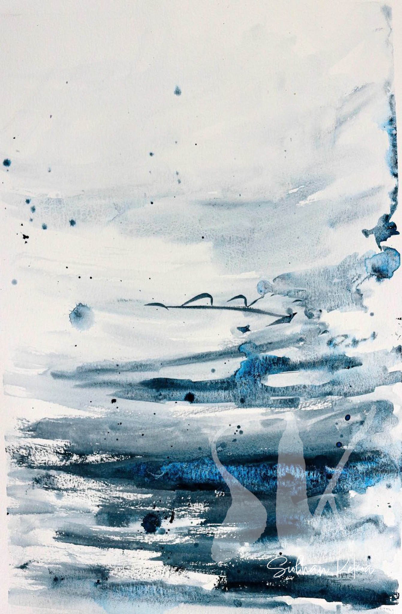 Original Abstract Watercolor Painting by artist Siobhan Kekoa; curved brush strokes in watery shades of dark to light blue, with significant white space. © 2025 Ipseity Healing LLC