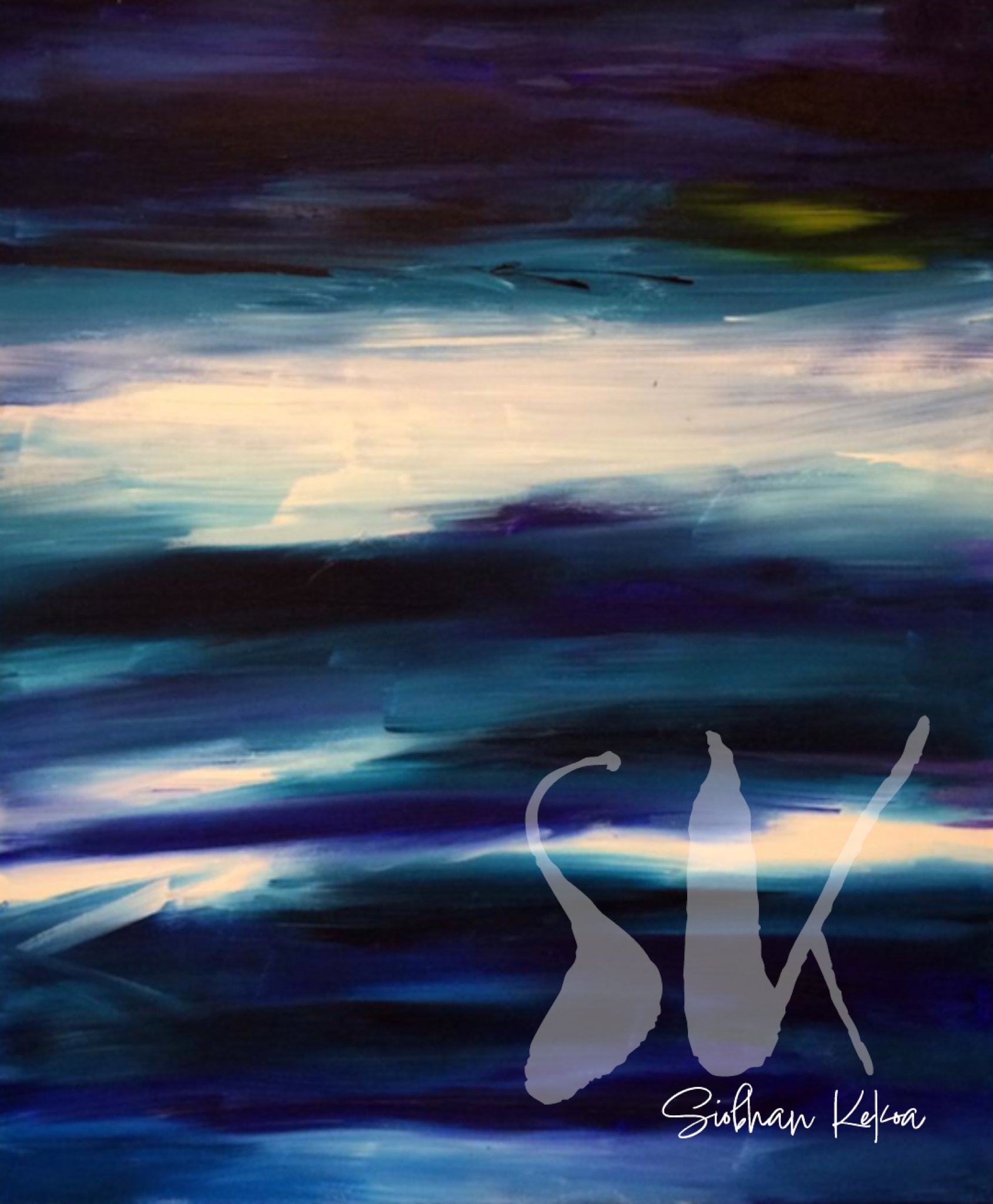 Abstract acrylic sky painting depicting smooth clouds of dark and light blue, teal, purple, white, & a flash of yellow. Primary color is blue and white. Original painting by Afro-Native artist Siobhan Kekoa, 2017, Si'ahl (Seattle) WA. © 2017-2025 Ips
