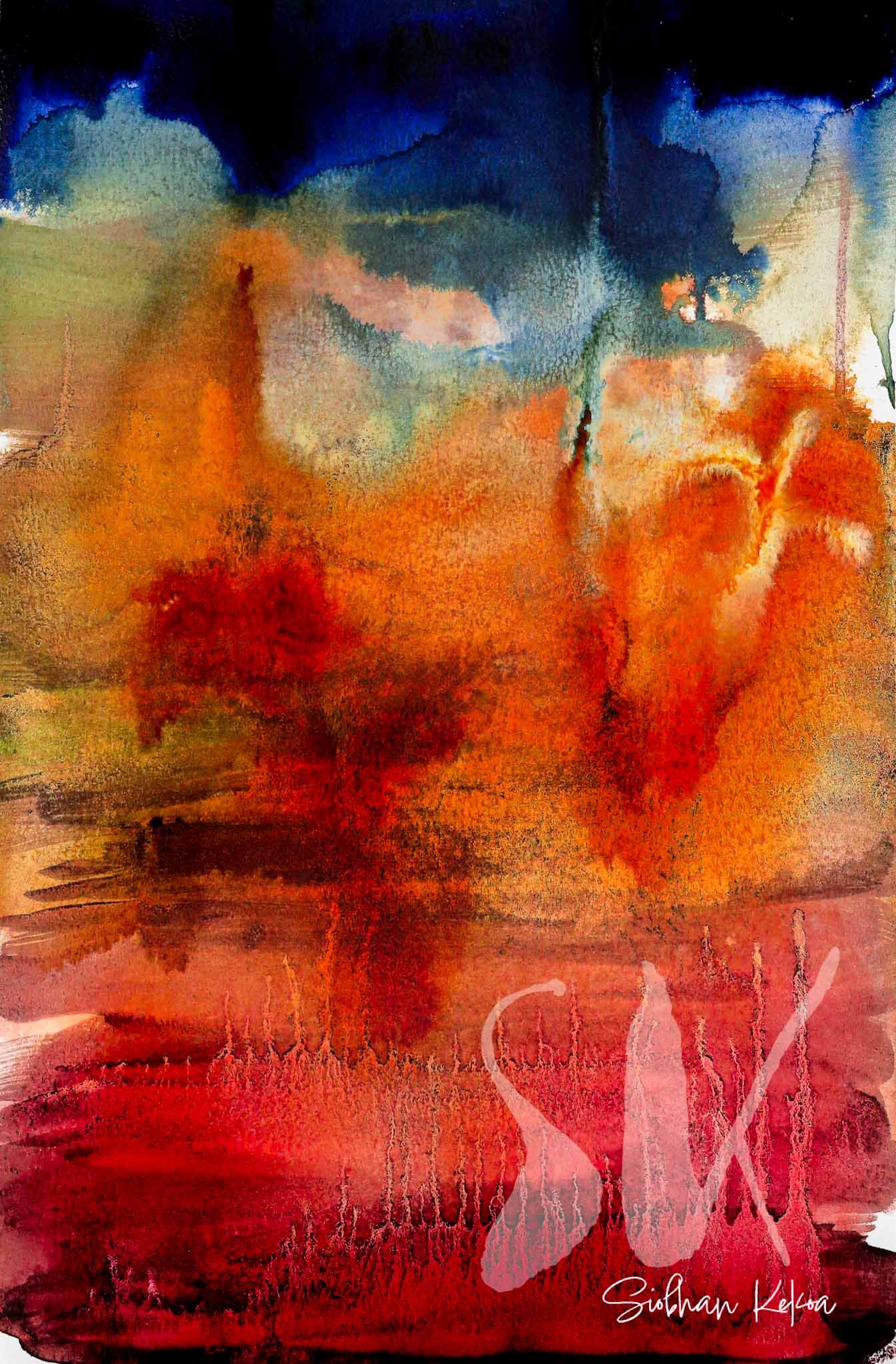 Abstract painting with Black, dark blue, teal, green, yellow, rust, and dark red coloring. Original Watercolor Painting by Afro-Native Wabanaki descent artist Siobhan Kekoa, Si'ahl (Seattle) WA. © 2018-2025 Ipseity Healing LLC