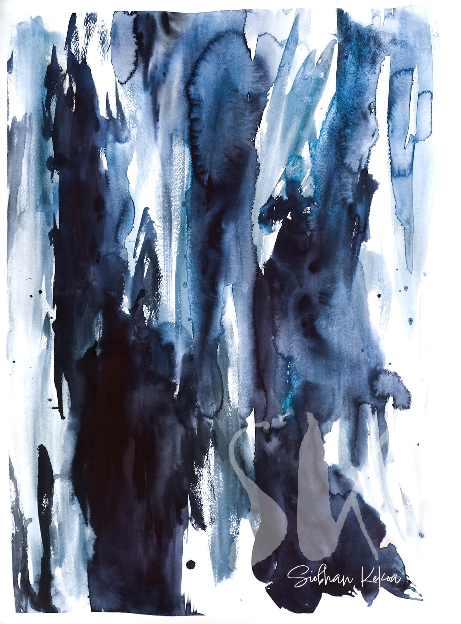 Original Abstract Watercolor and liquid Acrylic Painting by artist Siobhan Kekoa. Painting depicts abstract brush strokes and watery mixtures of dark and light blue colors. © 2018-2025 Ipseity Healing LLC
