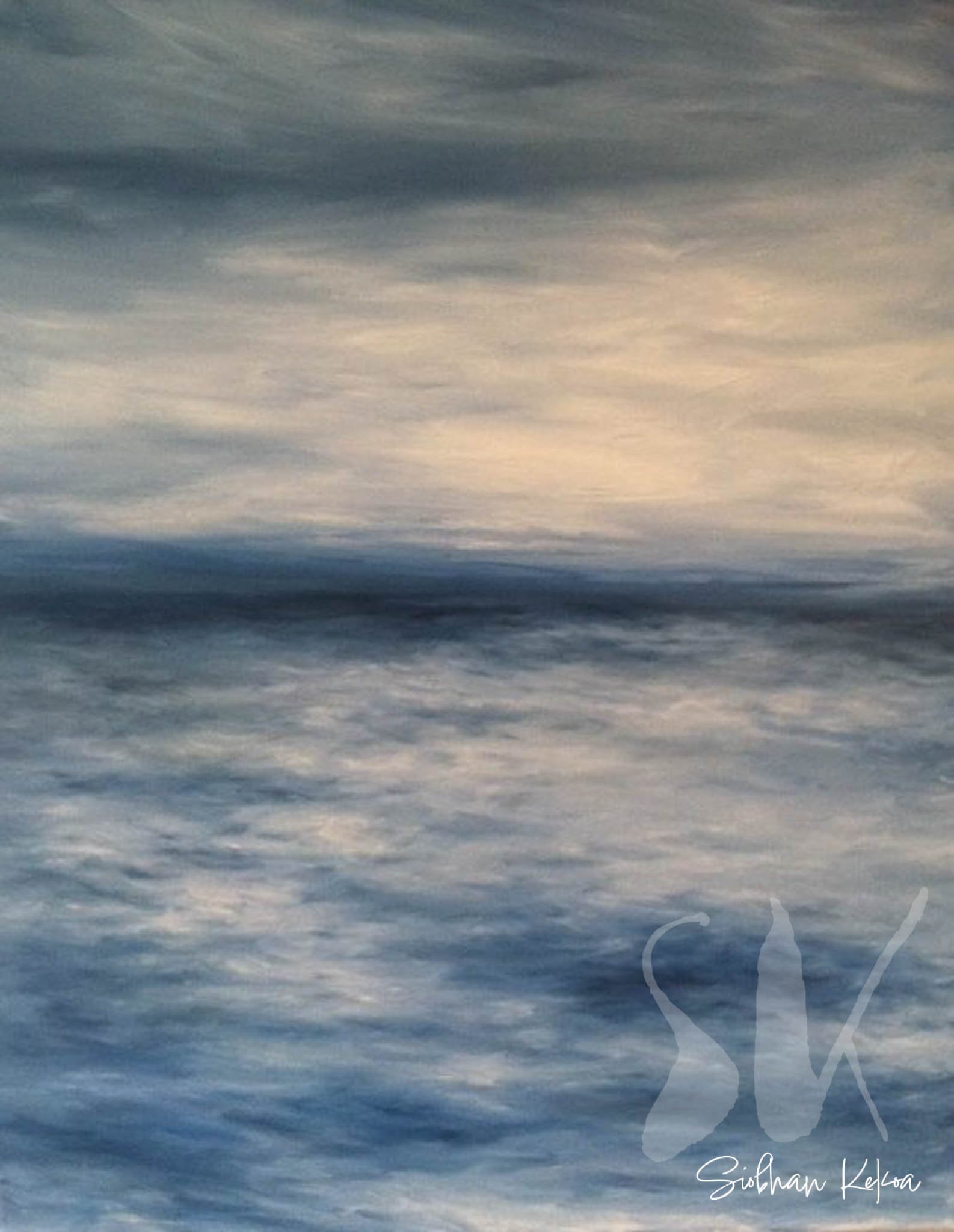 Original Oil Painting by Afro-Indigenous artist Siobhan Kekoa, WA. Painting depicts snowy white and blue clouds above frothy white and silver capped blue ocean waves. © 2019-2025 Ipseity Healing LLC