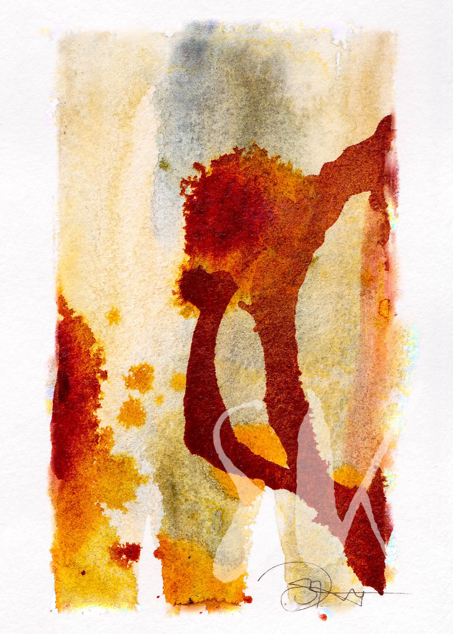 Original Abstract Watercolor Painting by artist Siobhan Kekoa, depicts abstract paint strokes & watery mixtures of tan, orange, rust, dark red colors, and sparse white space. Primary central color is rust red. © 2018-2025 Ipseity Healing LLC