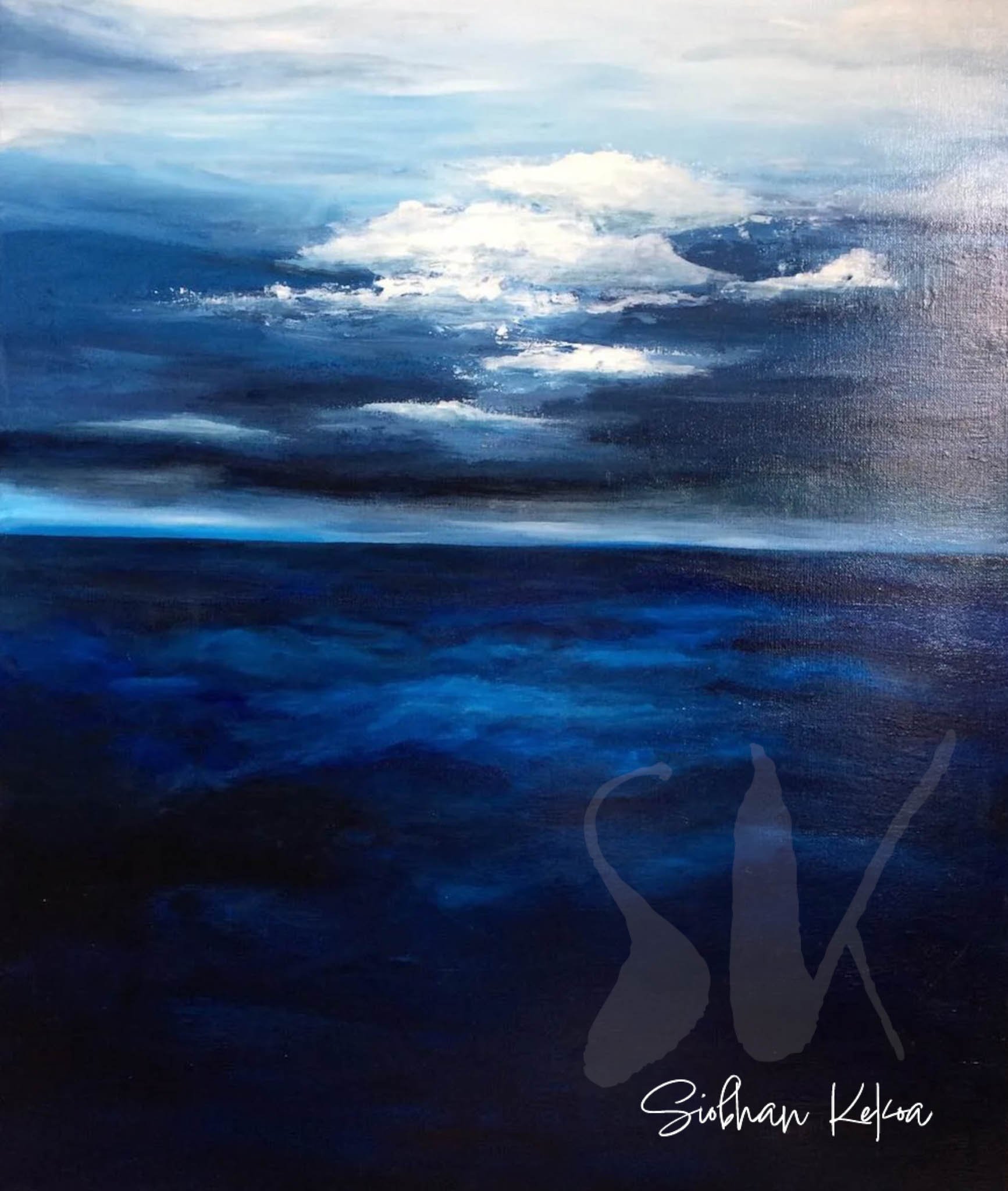 Original Painting by Afro-Indigenous artist Siobhan Kekoa. Painting depicts light-to-dark blue clouds with a textured white cloud in the center, over dark blue flowing ocean. © 2020-2025 Ipseity Healing LLC