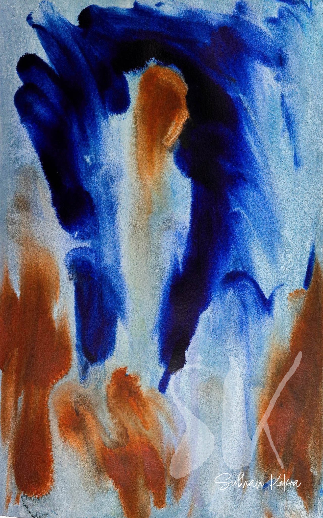 Original Abstract Watercolor and liquid Acrylic Painting by artist Siobhan Kekoa. Painting depicts abstract brush strokes and watery mixtures of dark and light blue and rust colors. © 2018-2025 Ipseity Healing LLC