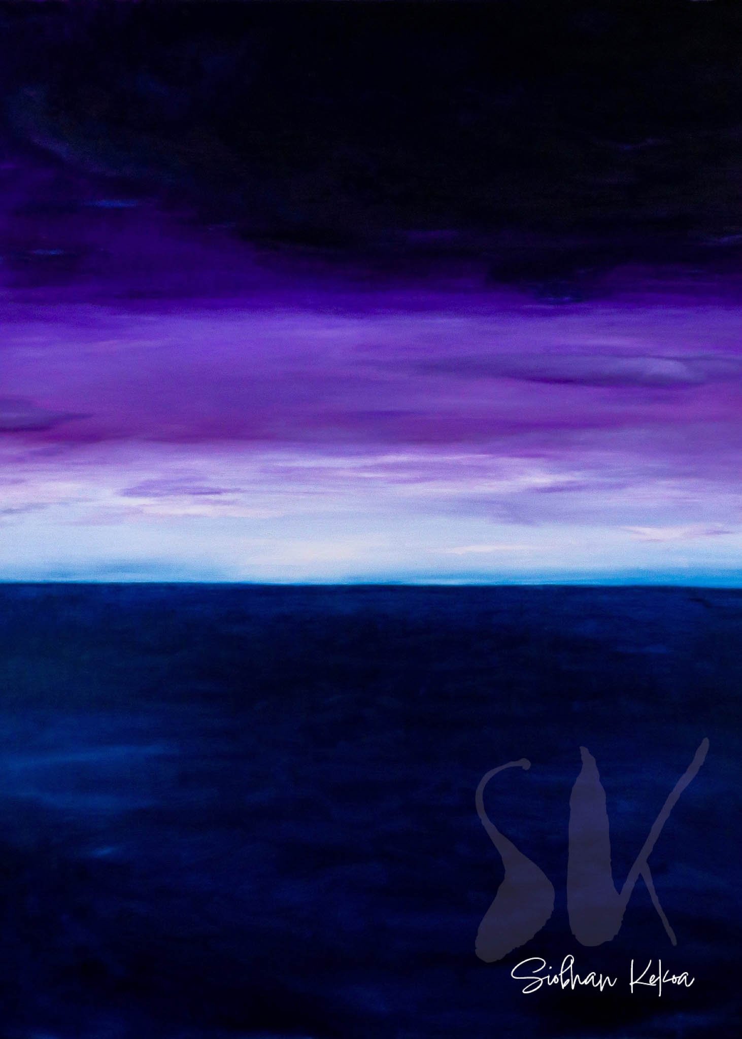 Photo of Original Artwork hand painted by Afro-Native artist Siobhan Kekoa in the Pacific Northwest. Image depicts dark and light purple and white clouds above a dark blue ocean. Oil on canvas mounted on a wooden frame. ©2017 IpseityHealingLLC