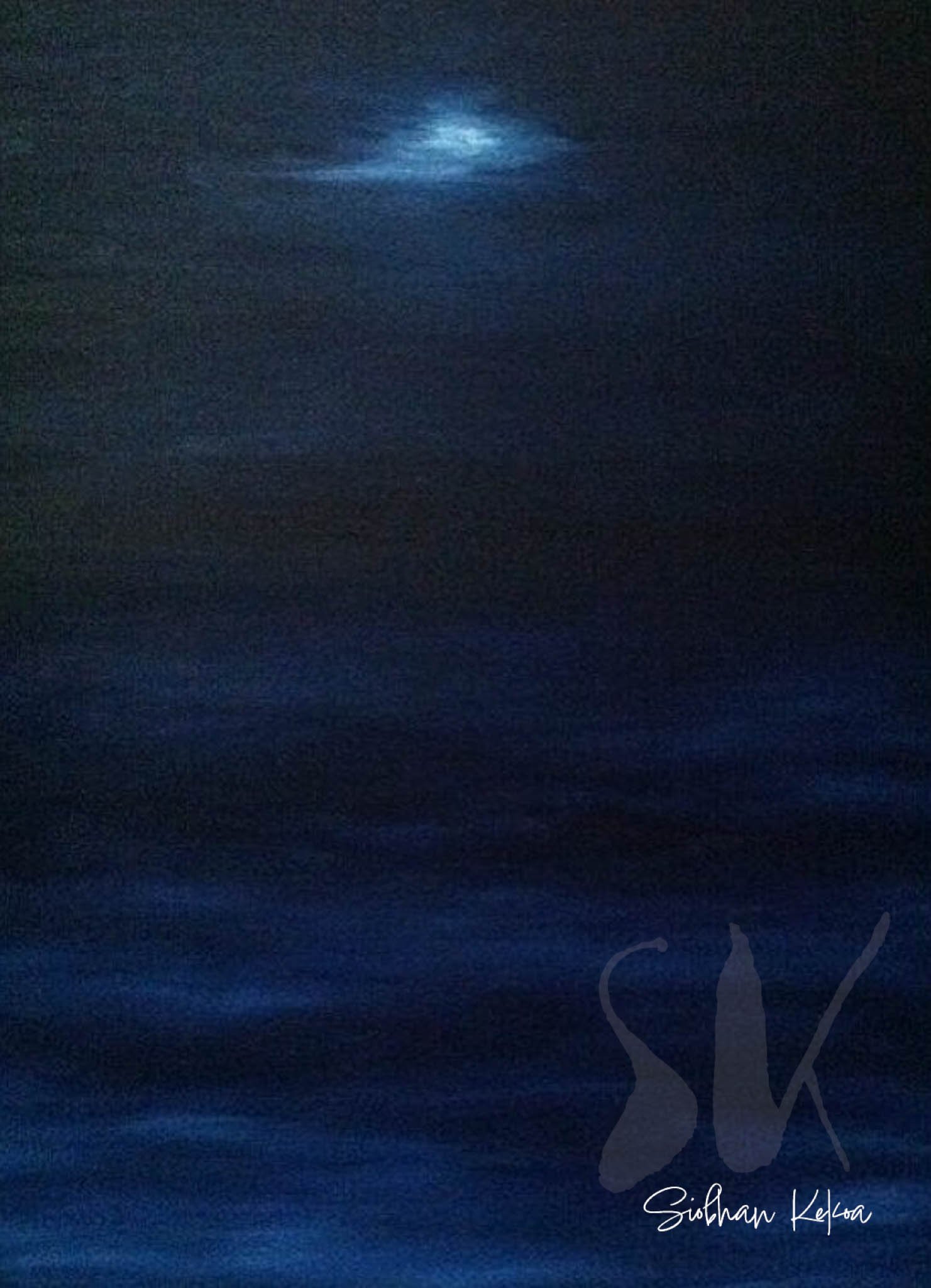 Original Oil Painting by Afro-Indigenous artist Siobhan Kekoa, WA. Painting depicts a nighttime ocean scene with a moon slightly obscured behind dark blue and black clouds, above very dark blue ocean waves. © 2019-2025 Ipseity Healing LLC