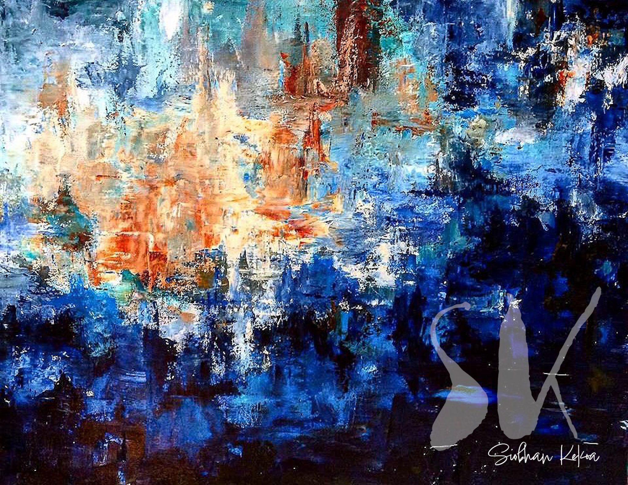 Palette knife painting of abstract forest with dark and light blue, black, teal, tan, rust, & white paint. Original Painting by Afro-Native artist Siobhan Kekoa, Si'ahl (Seattle) WA, 2018.