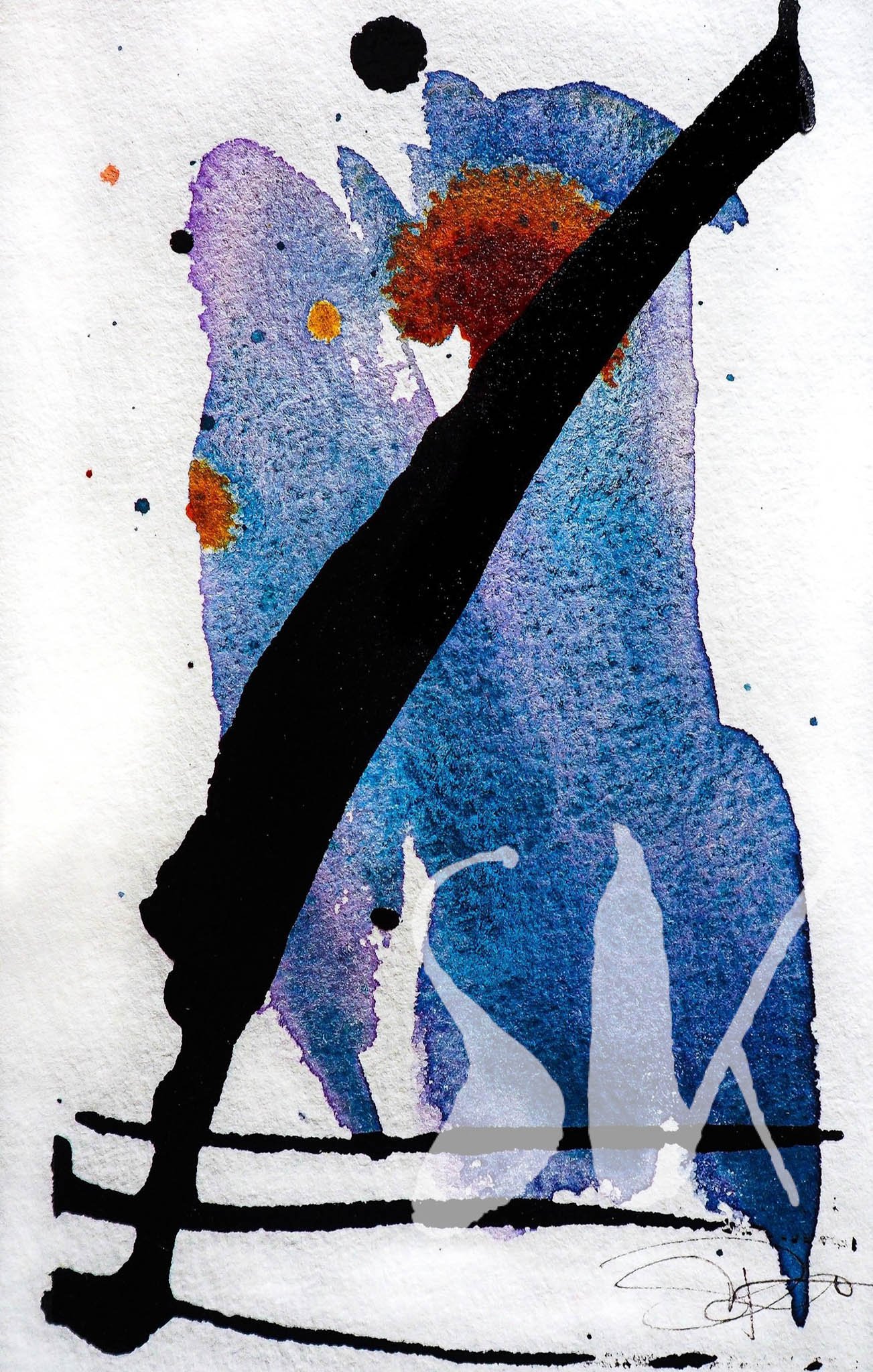 Original Abstract Watercolor and liquid Acrylic Painting by artist Siobhan Kekoa. Painting depicts abstract brush strokes and watery mixtures of light maroon and blue, rust splashes, some white space intermingled, and three lower small lines and one