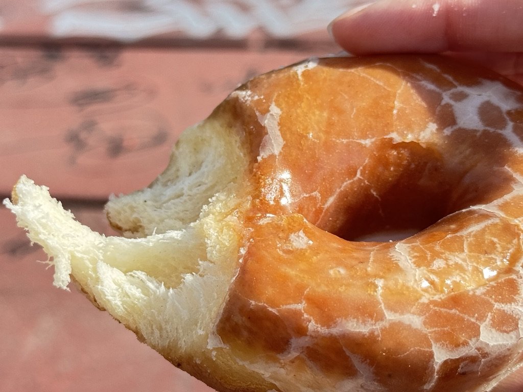 Close-up of a guest taking a bite of a fresh donut during a Come Hungry tour stop — one of many sweet and savory surprises