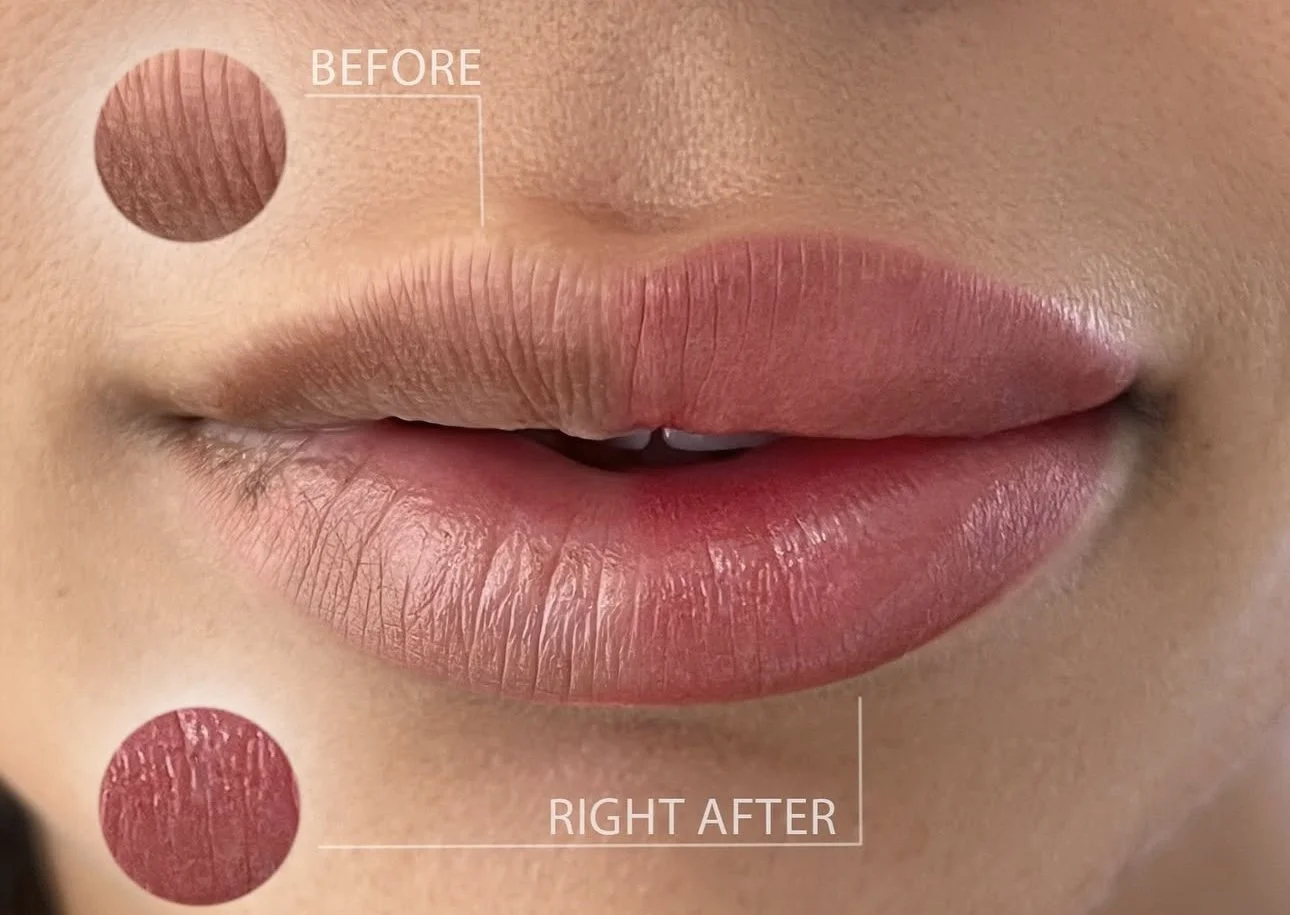 voor- en na foto van lippigmentatie bij Beauthé Geleen