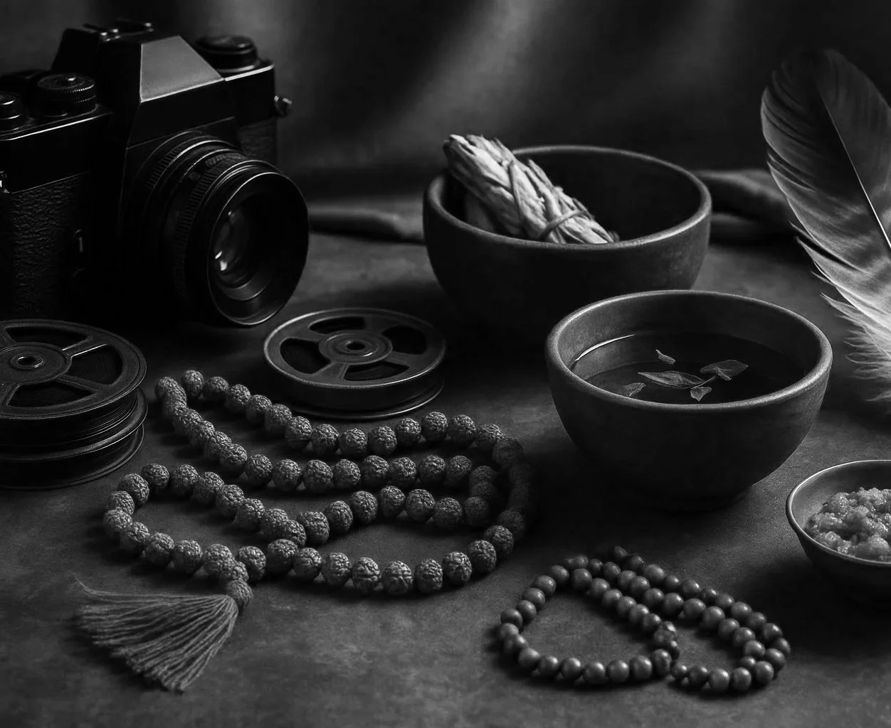 Black and white photo of a vintage camera, prayer beads, bowls of herbs and water, and a feather on a dark surface.