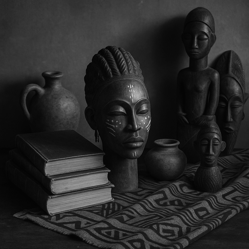 Black and white photo of African art and artifacts, including carved wooden masks and busts, placed on a patterned cloth with a closed book and a pottery vessel.