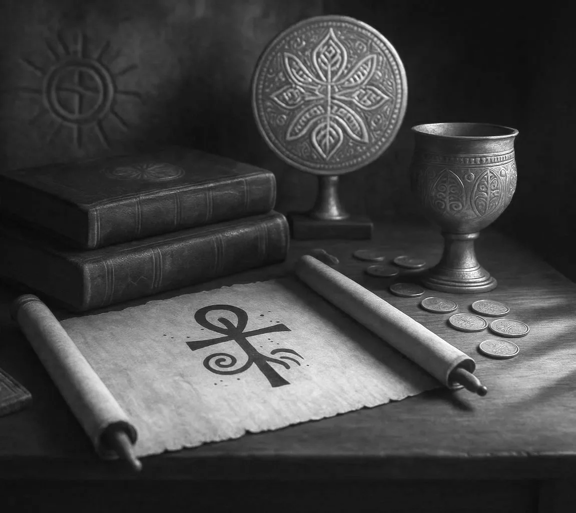 Ancient scroll, three books, coins, chalice, and decorative plate with Celtic or Norse patterns on a wooden table.