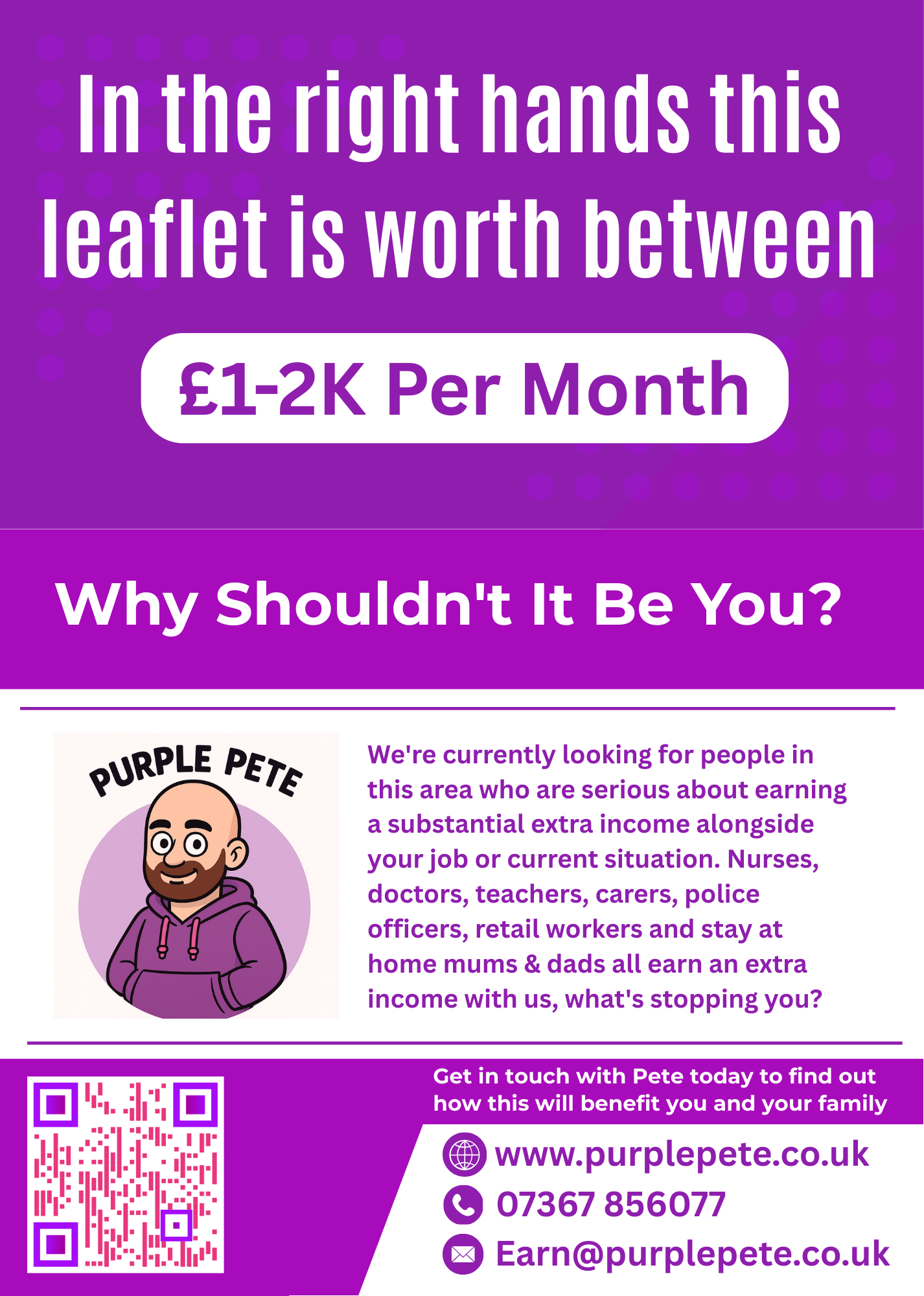 Flyer advertising Purple Pete's income opportunity, with cartoon image of a bald man with a beard in a purple hoodie, QR code, and contact information.
