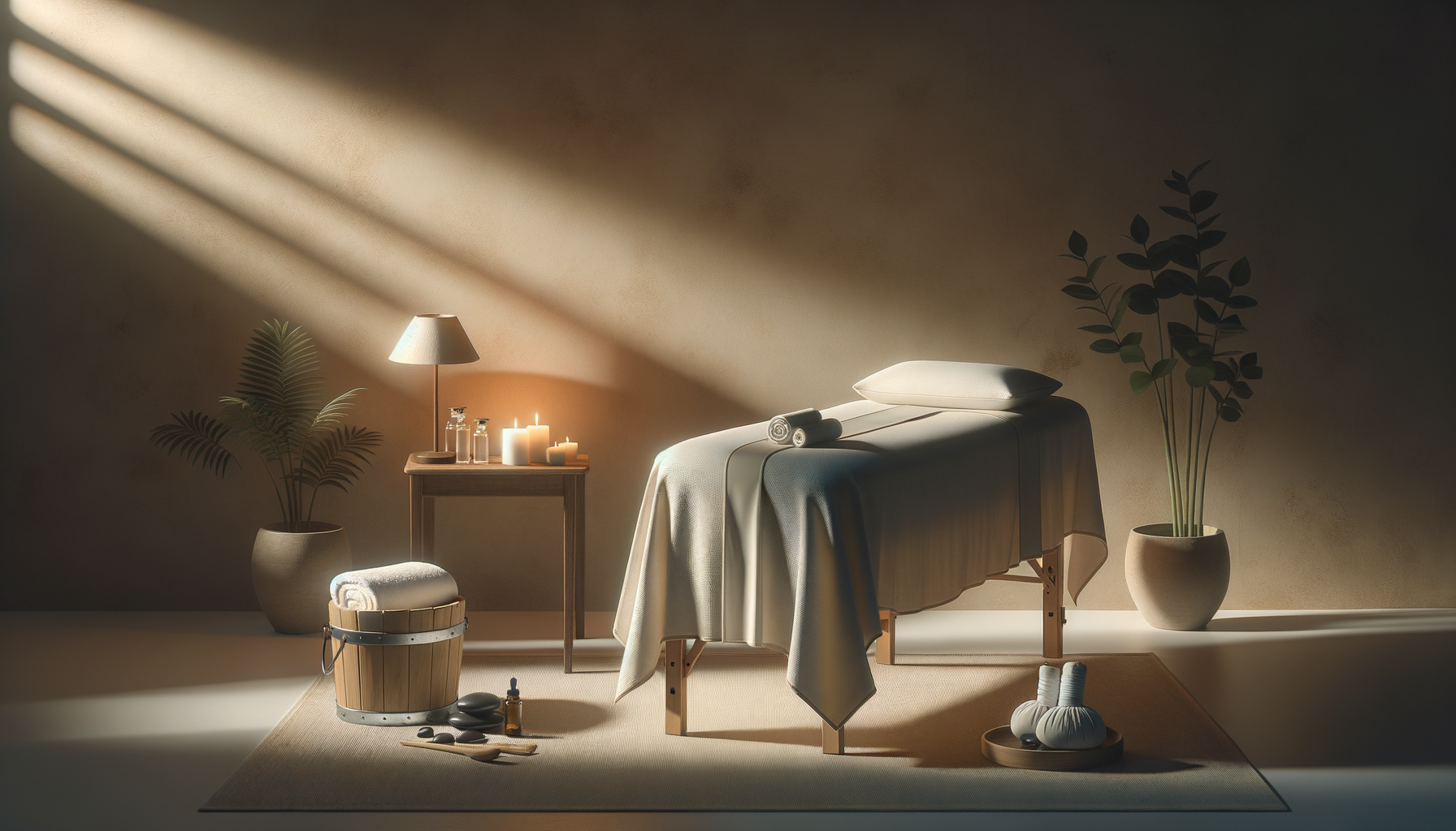 Serene spa room with massage table, candles, towel, oil bottles, lamps, and potted plants.