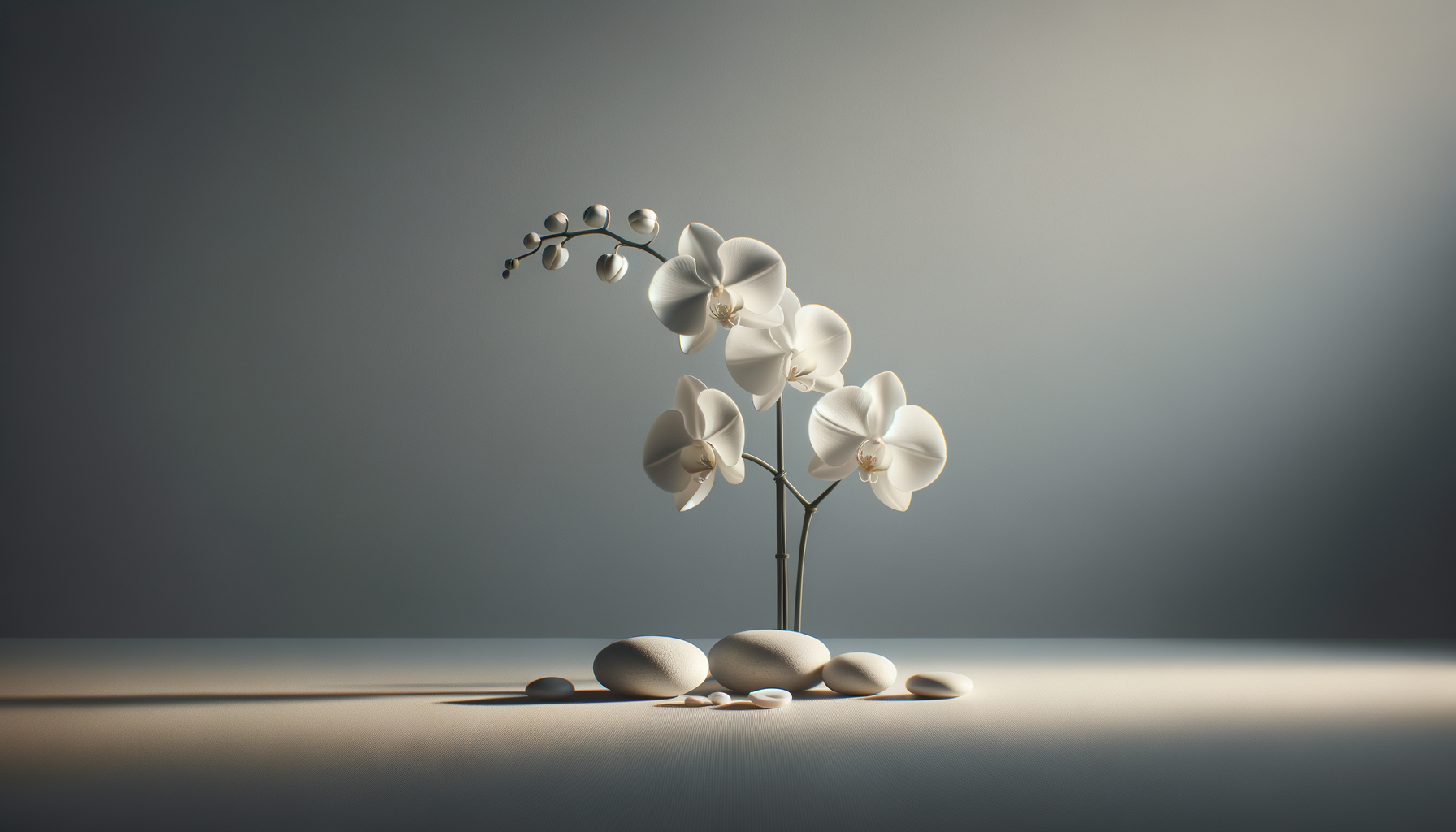 A minimalist arrangement of a white orchid plant with several delicate flowers set against a neutral background, accompanied by smooth white pebbles. The lighting is soft and highlights the elegance of the composition.