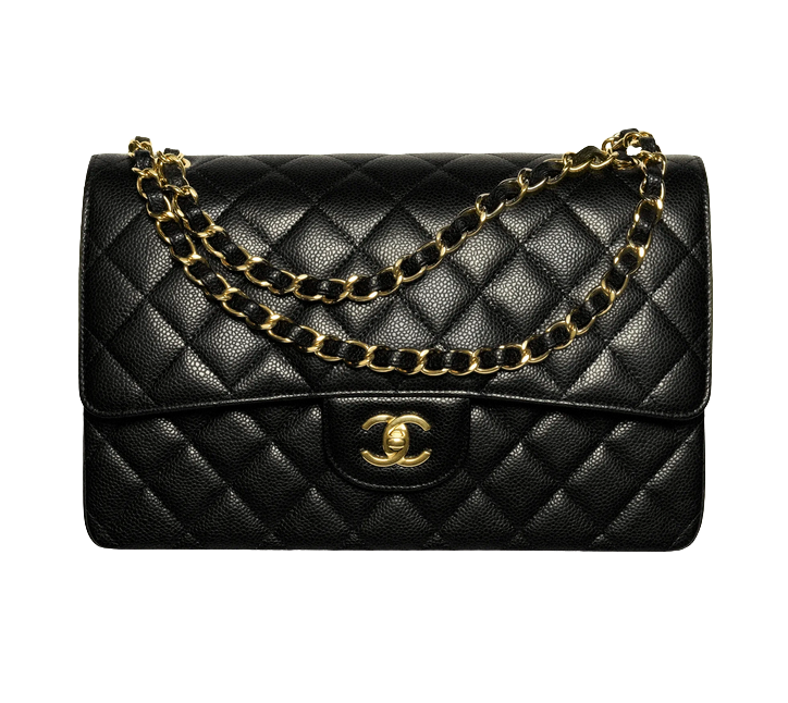 Sac à main en cuir noir matelassé avec chaîne en métal doré et un logo CHANEL en métal doré