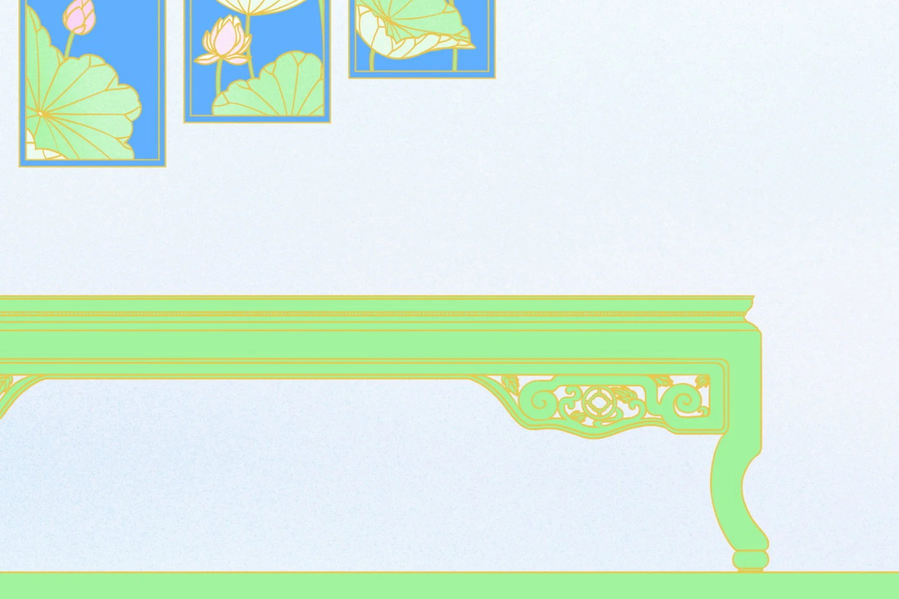 Close up detail of right side of green oriental table