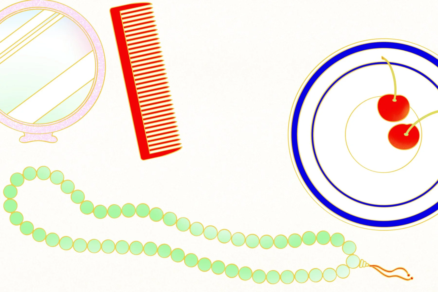 Close up details a small round pink mirror, red comb, jade prayer beads, and 2 red cherries on a plate