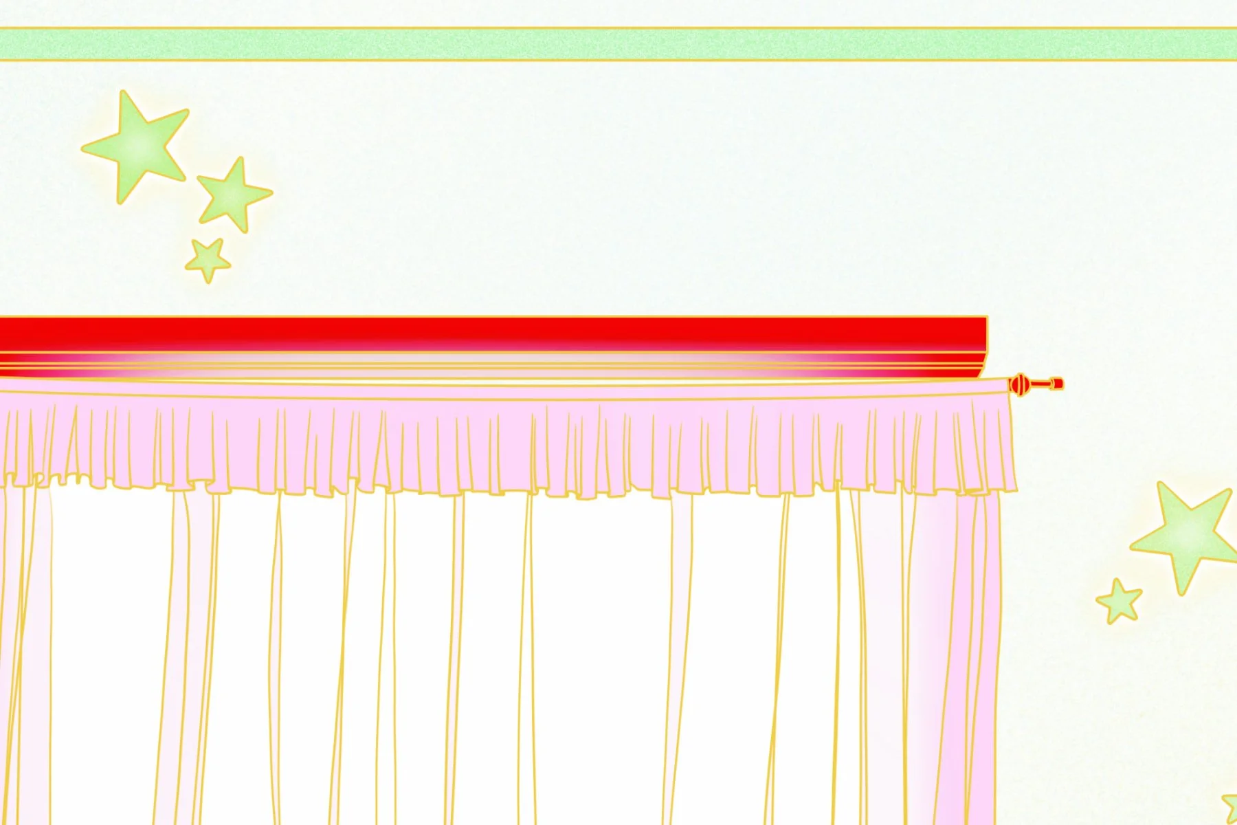 Close up detail of glowing green stars against the wall and window with pink curtains