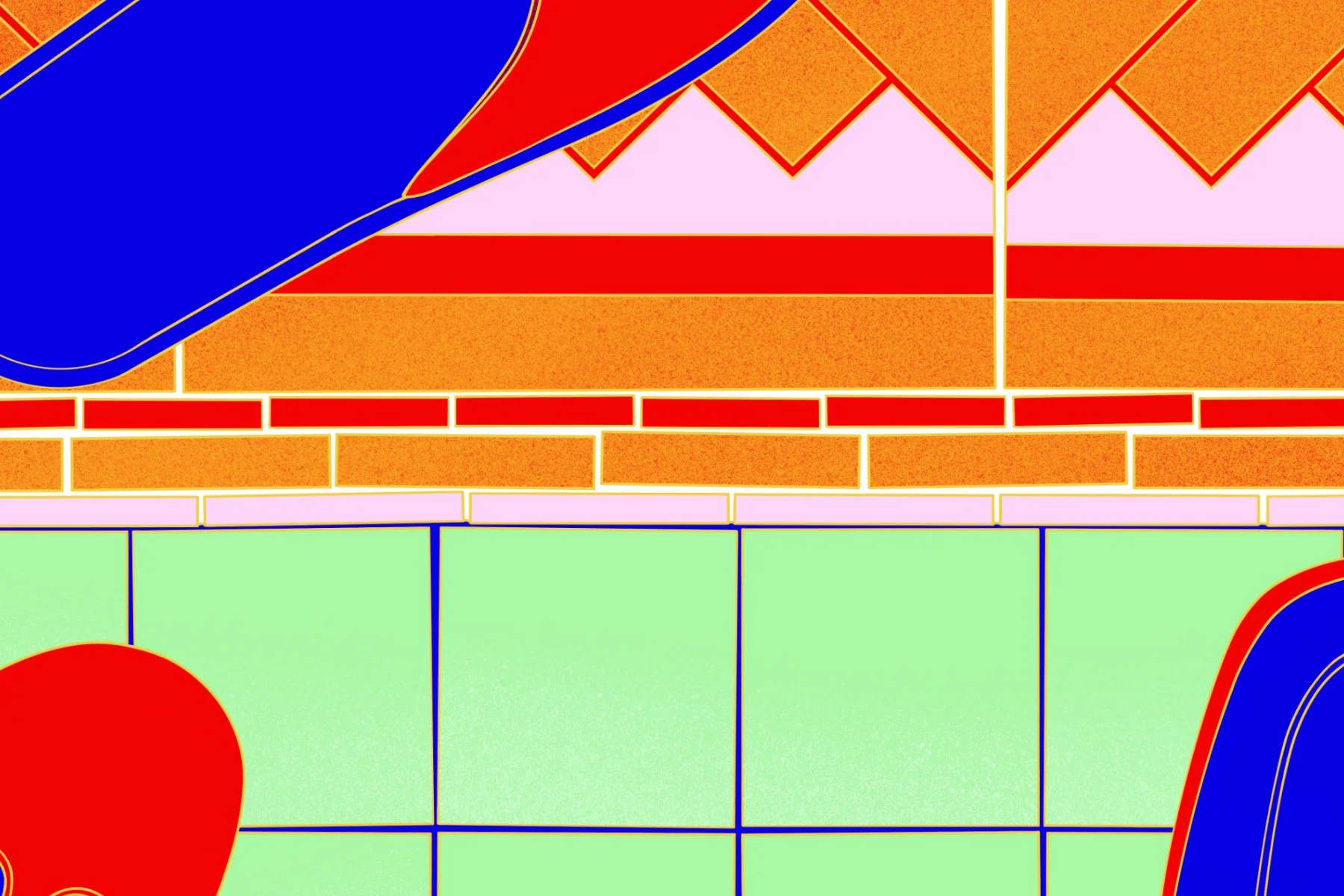 Close up detail of red and blue house slippers placed on top of pink, orange, and red tile