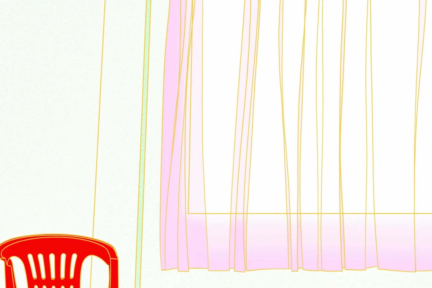 Close up detail of red plastic chair beside window with pink curtains