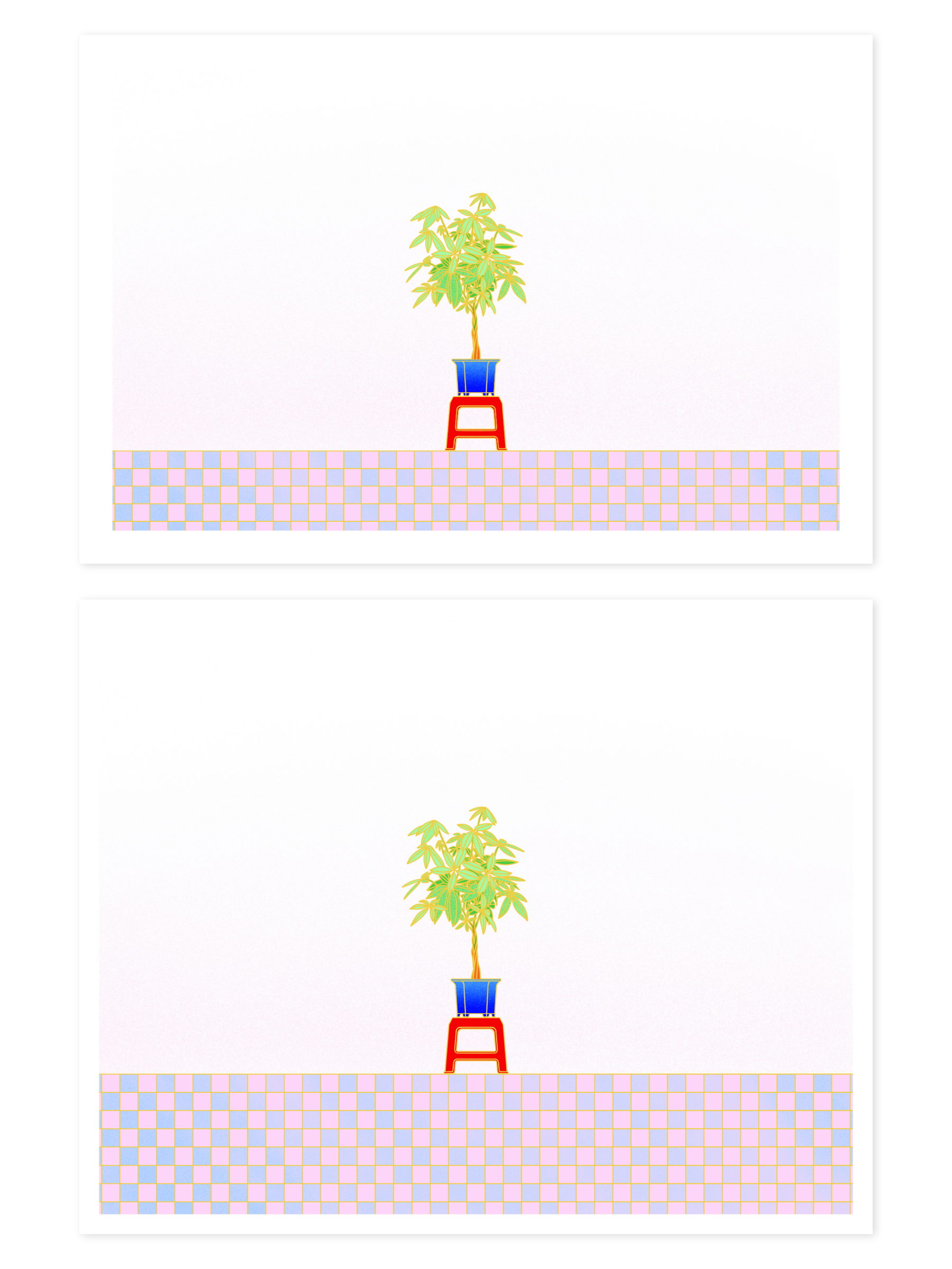 6 by 4 & 10 by 8 prints of money tree in a blue pot placed on top of a red stool, pastel pink and purple checkered flooring