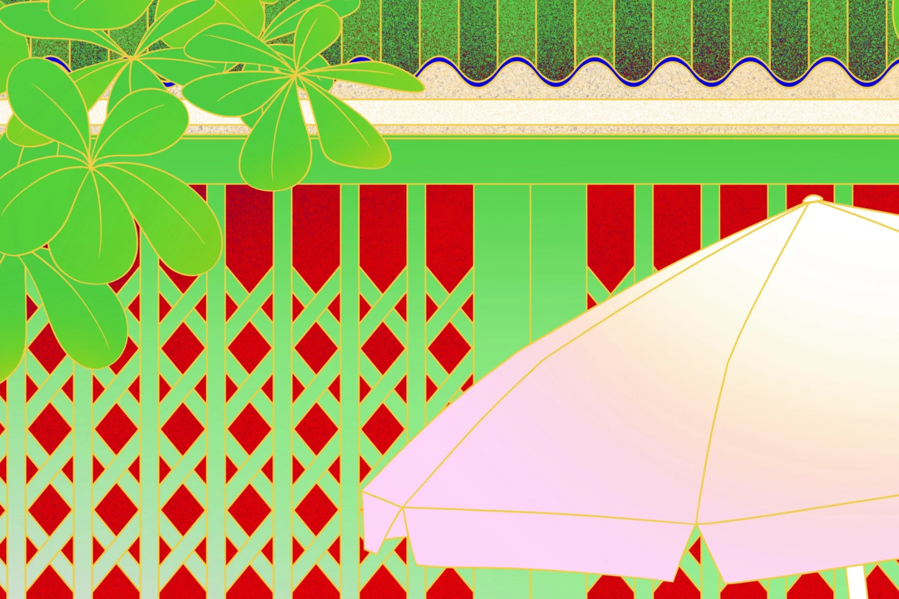 Close up detail of umbrella tree leaves and pink umbrella in front of a green red entrance gate