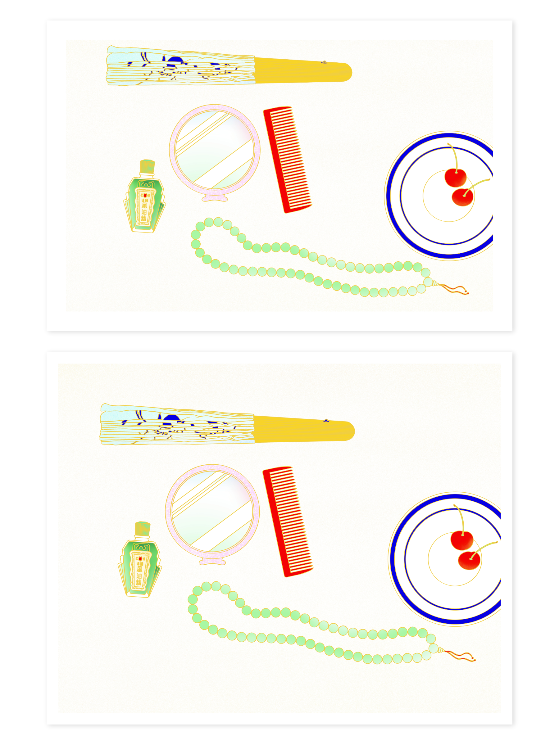6 by 4 & 10 by 8 prints of a closed light blue fan, green essential oil, small round pink mirror, red comb, jade prayer beads, 2 red cherries on a plate