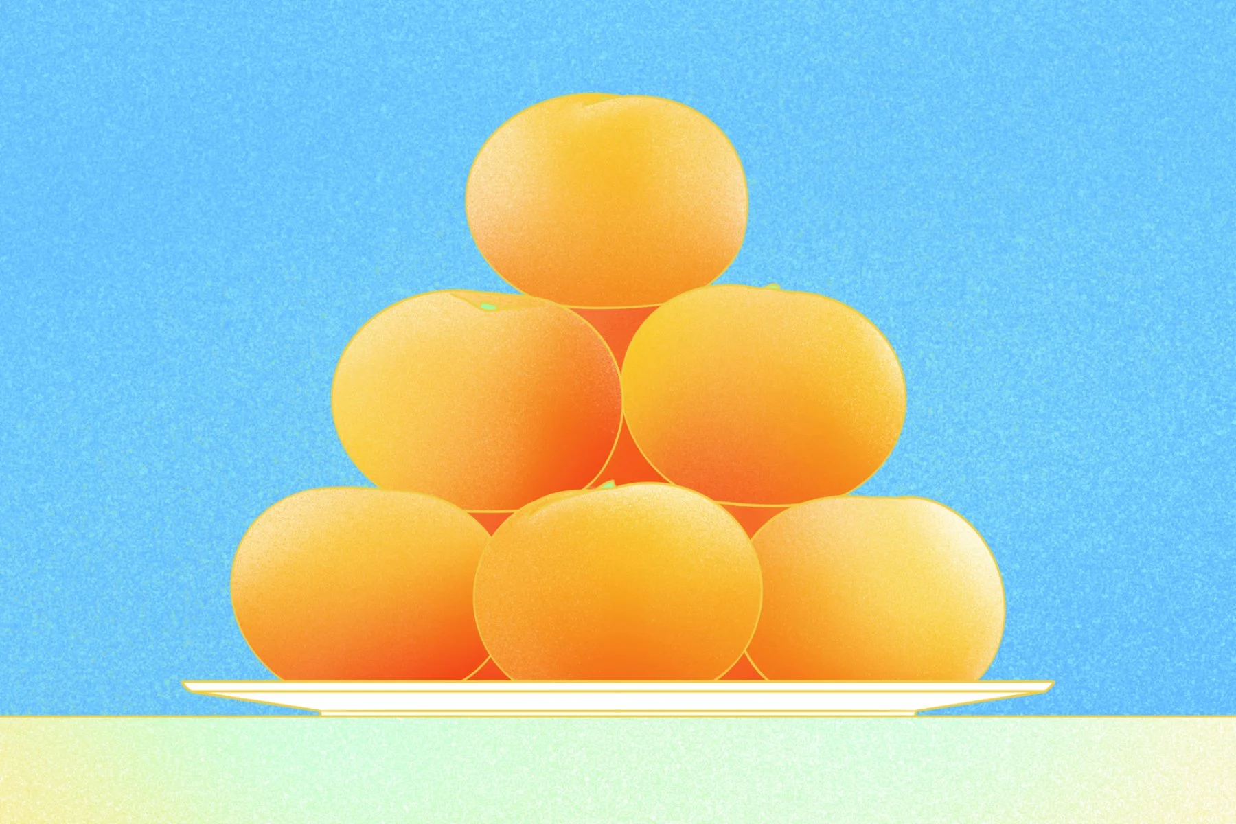 Close up detail of 6 mandarins positions on top of each other on plate set against a blue background